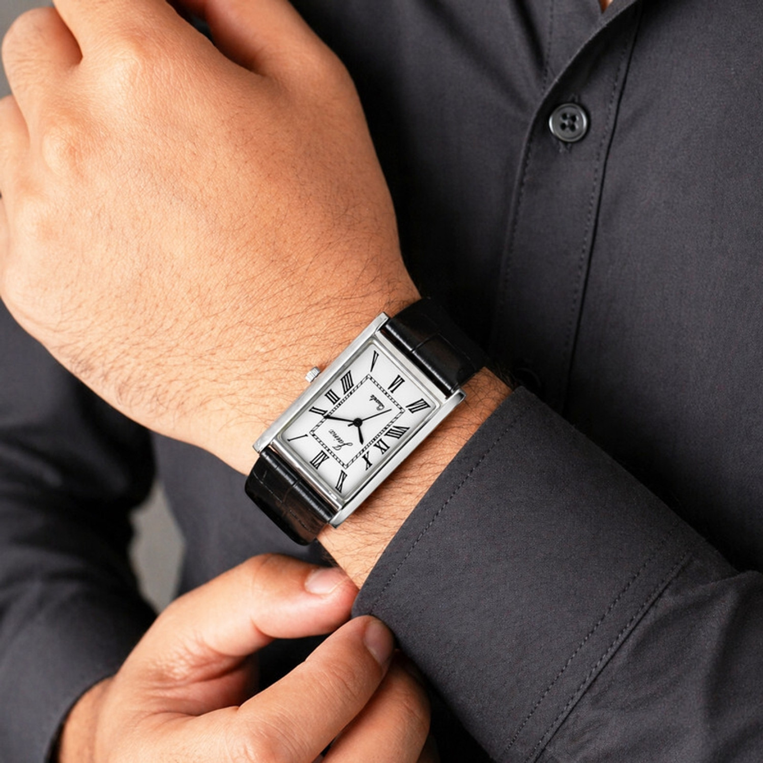 Image of JAINX JM7250 Executive Rectangular Shape Black Leather Strap Analog Watch - For Men