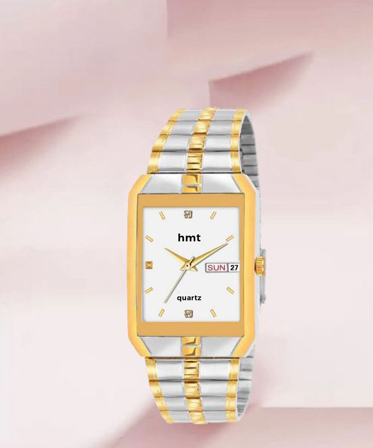 Image of HMTS DLX HMTS Day & Date Series Two Tone Plating Golden Metal Wrist Watch Analog Watch - For Men Original Day & Date Functioning Two Tone Chain Watch Analog Watch - For Men