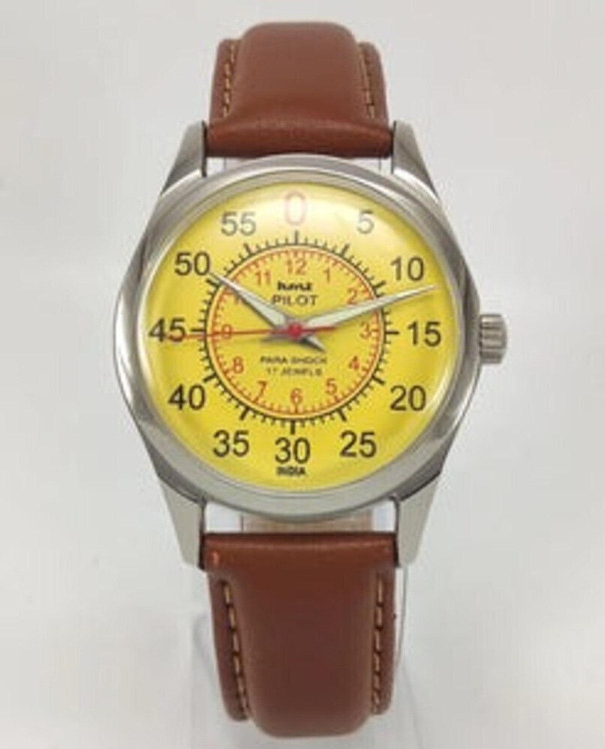 Image of TimeNest Classic | Dress | Formal | Luxury HMT Pilot Para Shock 17 Jewels Radium Hands Yellow Dial Analog Watch - For Men