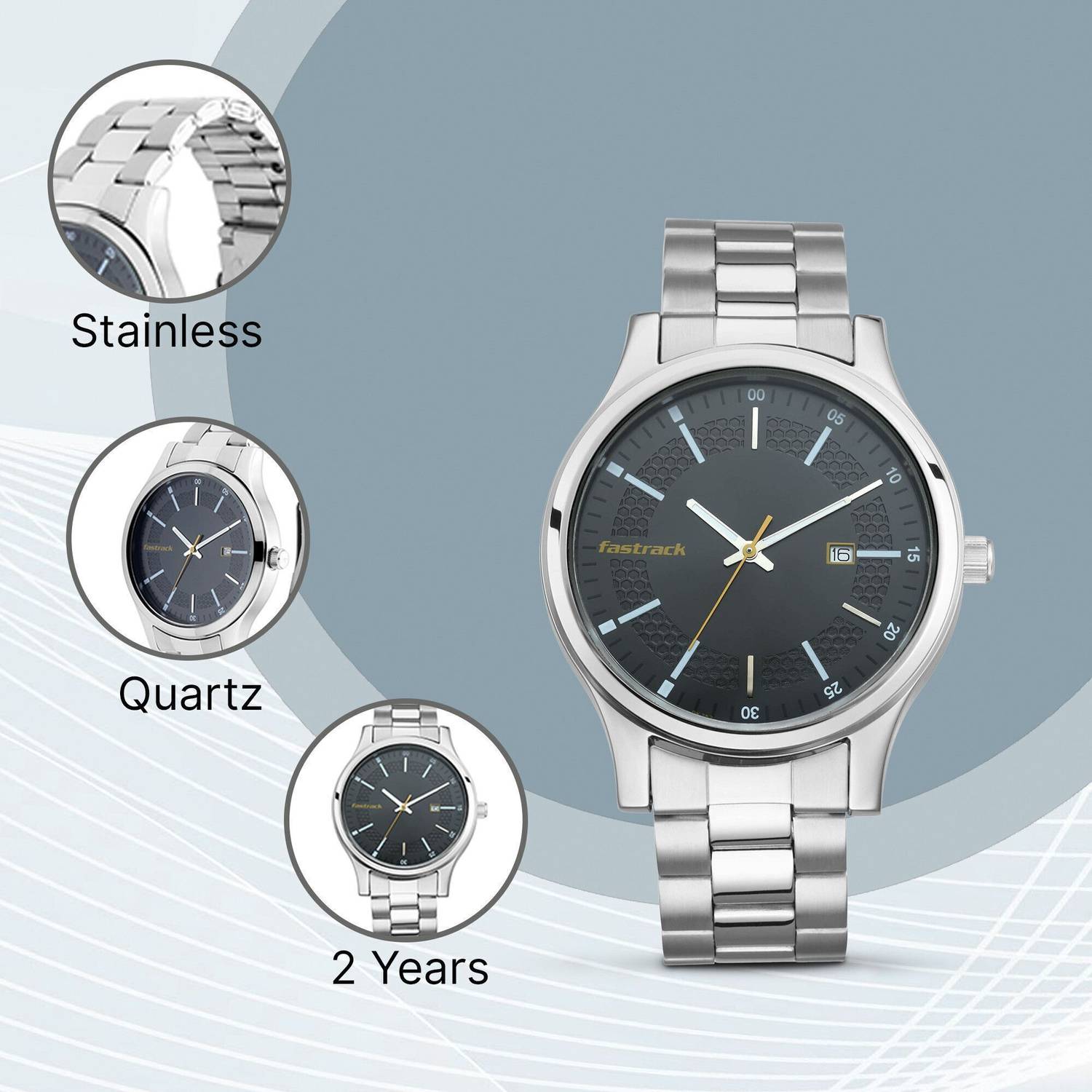 Fastrack 3240SM03 Black Dial Silver Stainless Steel Men's Watch - Image 3