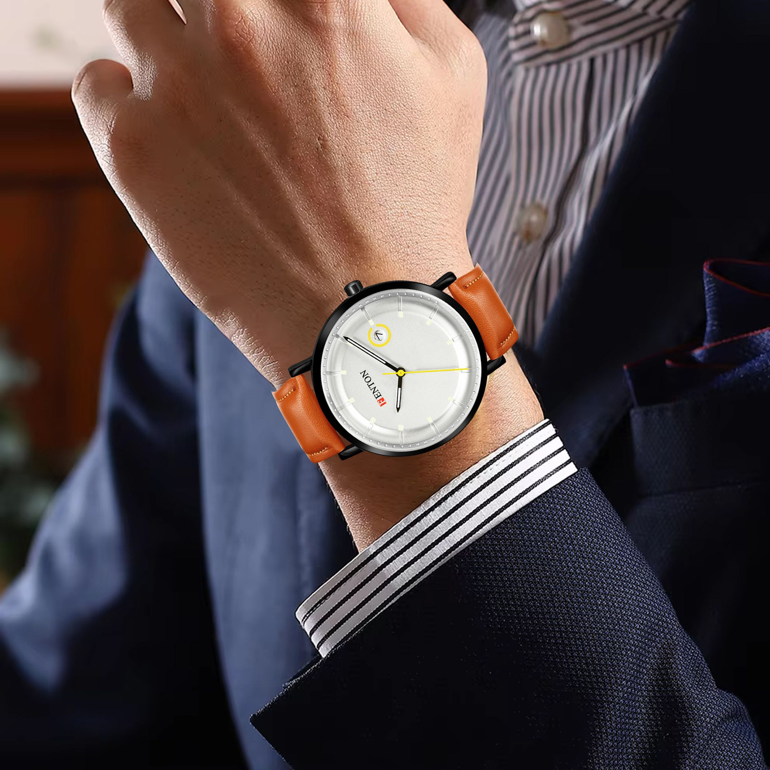 Image of FANTON WATCHES CFN-90122 Fenton Yellow Asint Analogue Watch with Brown Leather Strap, 40mm Case Analog Watch - For Men