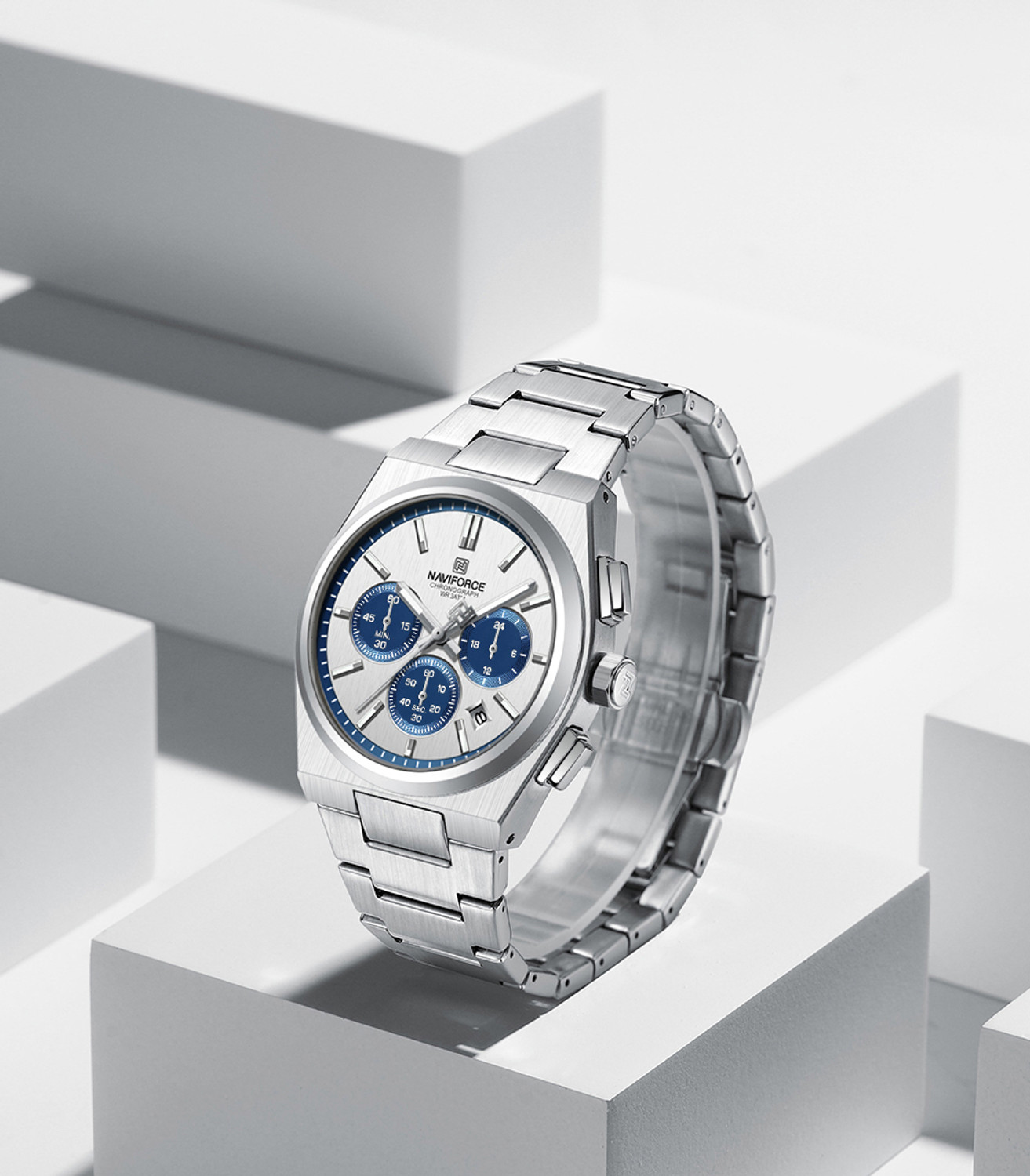 Image of NAVIFORCE NF8048G Blue chronograph dial With Silver Stainless steel strap Analog Watch - For Men