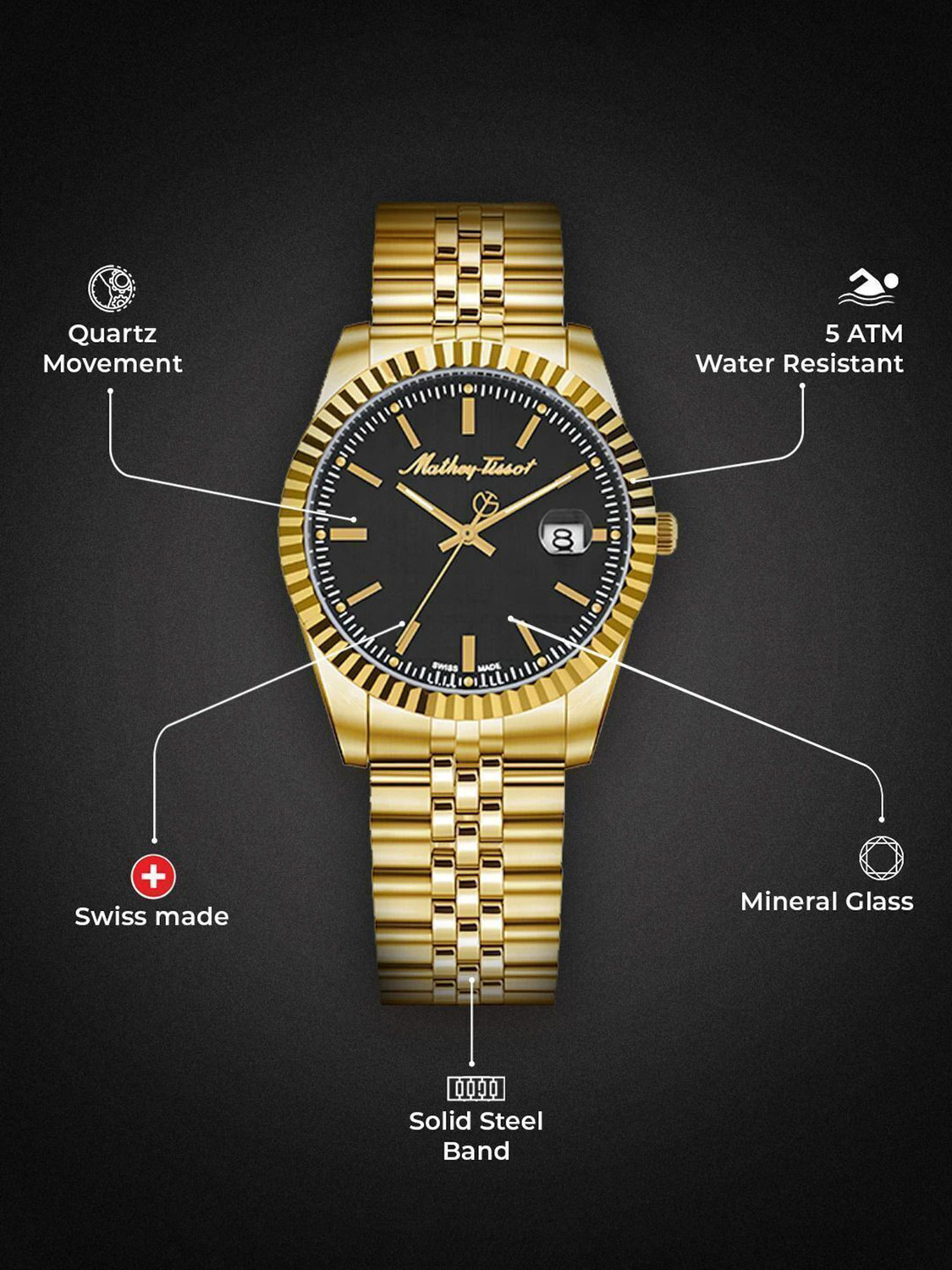 Image of Mathey-Tissot H810PN Swiss Made Quartz Black Dial Analog Watch - For Men