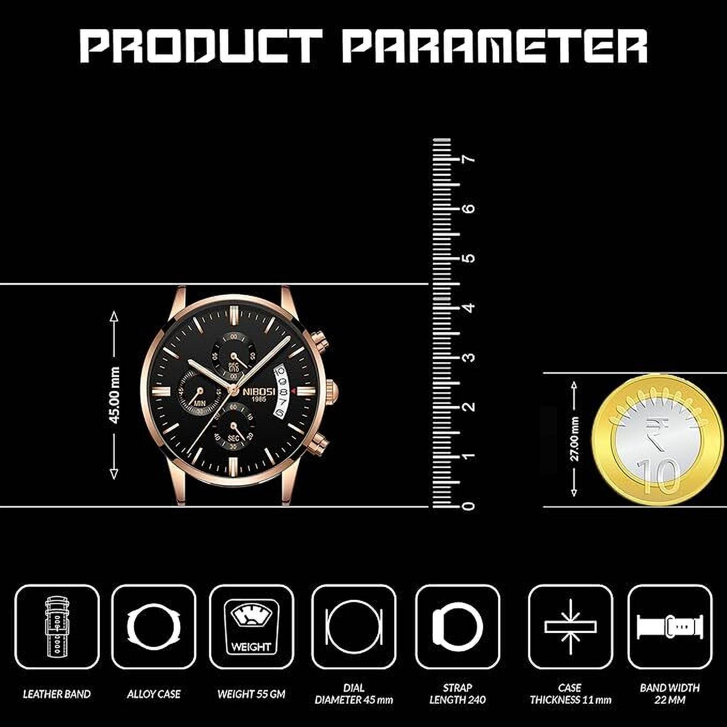 NIBOSI Chronograph Leather Strap Watch for Men - Image 5