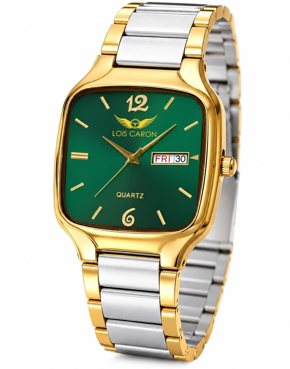 Image of LOIS CARON LCS-8643 Premium Square Day & Date Green dial Two tone strap Analog Watch - For Men