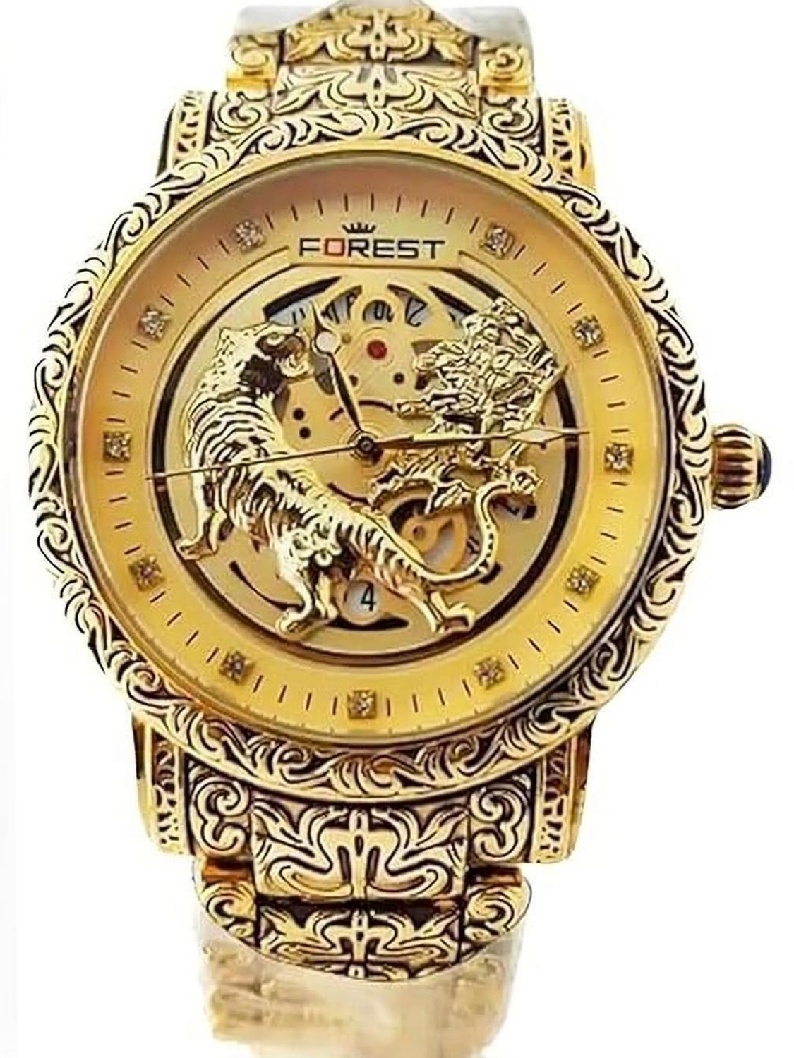 Image of sanowrex Luxury Dragon Design Mechanical Watch,Tiger Design, with Date Display Analog Watch - For Men