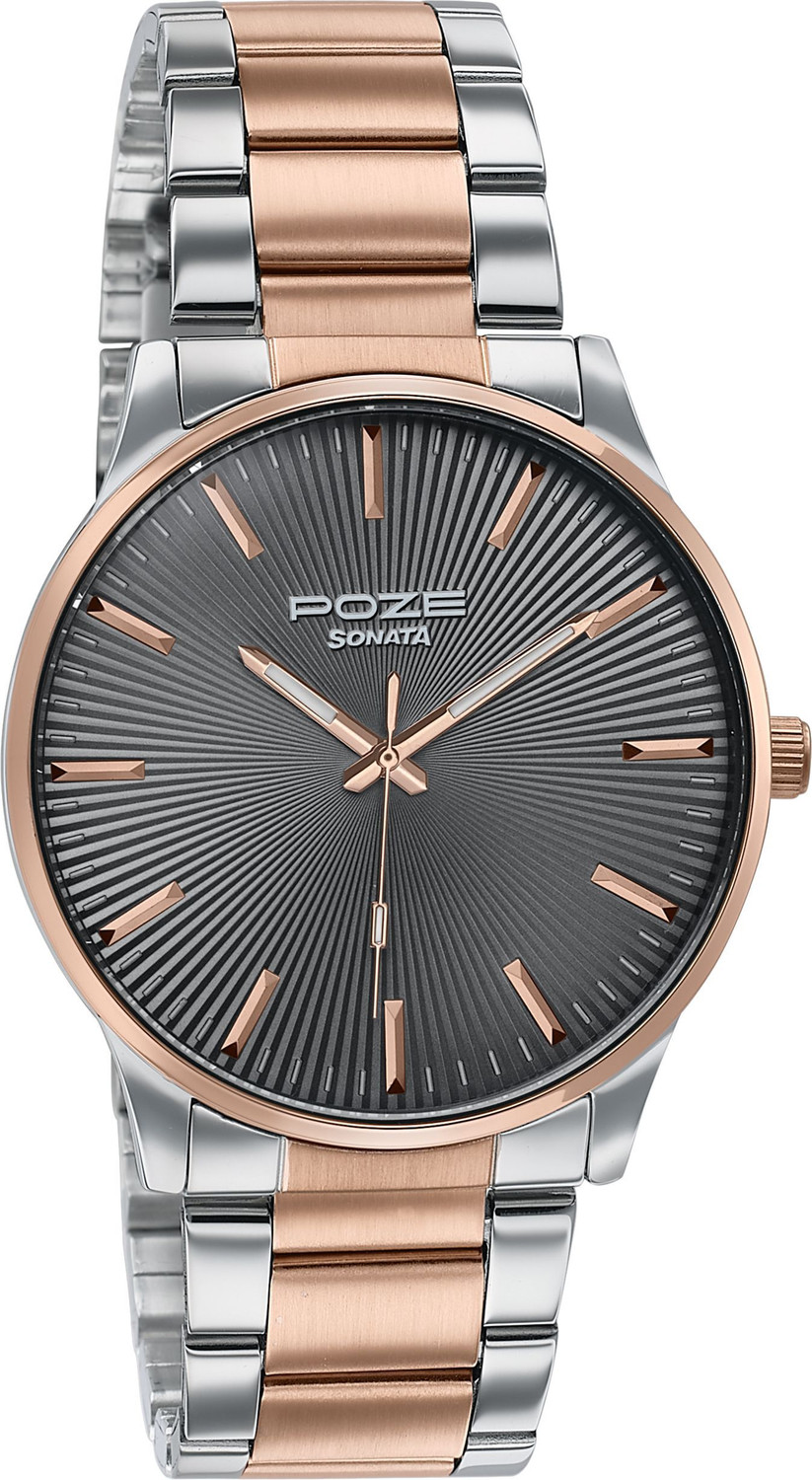 Image of SONATA Poze 8 Sonata Poze 8 Quartz Grey Dial IP Rose Gold Stainless Steel Strap Analog Watch - For Men