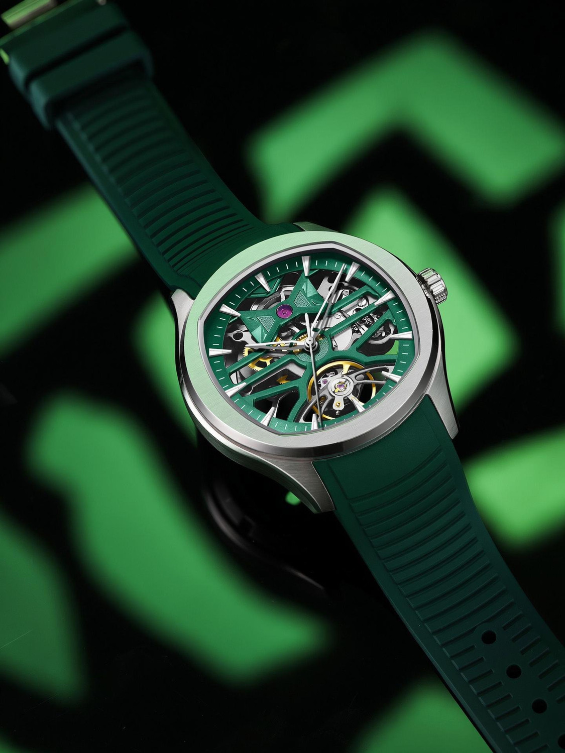 Image of Alix AL2924T green Skeleton square tourbillon Dial With Silver soft silicon Strap Analog Watch - For Men
