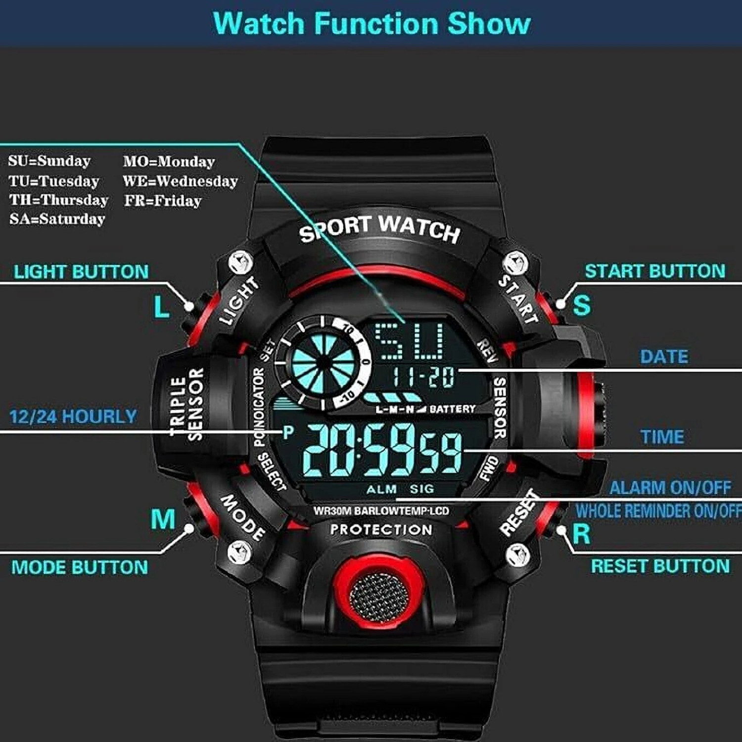 Image of Wolcentra Digital Sports 50m Waterproof LED Military Smart Stopwatch Countdown Digital Watch - For Men