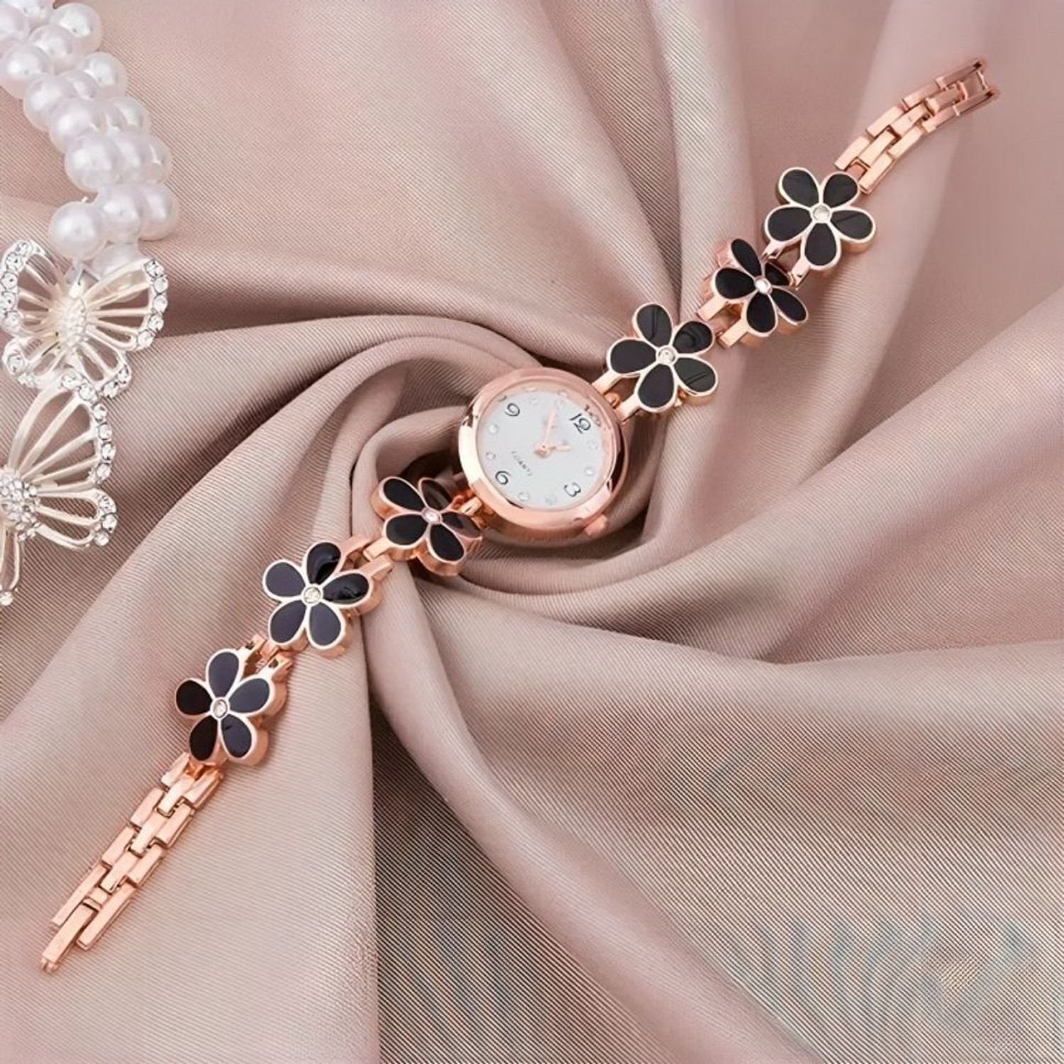 Image of RareEagle RE-FLR-BKL-01 RareEagle Blossom Beauty Series Floral Bracelet Black Girls Analog Watch Analog Watch - For Girls
