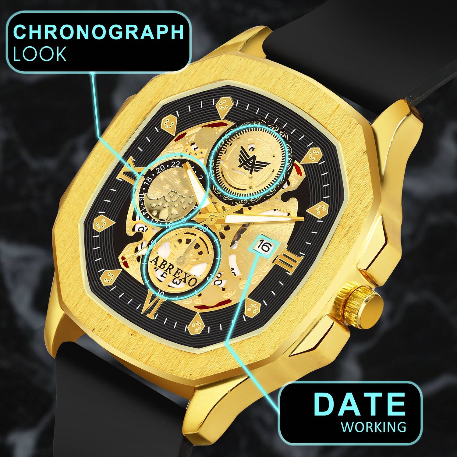 ABREXO Abx8300-GD BK Gold Dial Chrono Watch - Image 5