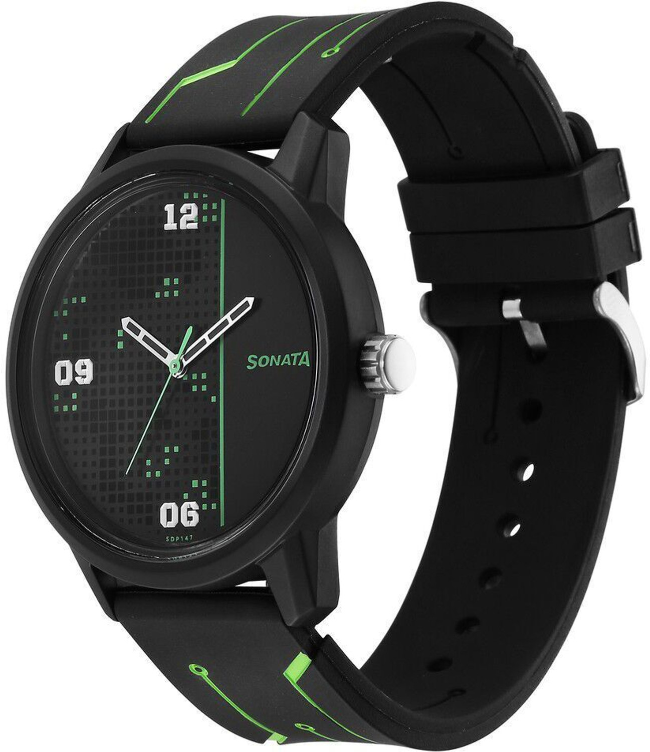 Image of Sonata Volt Black Dial Black Polyurethane Strap Analog Watch - For Men NT77085PP21W,NU77085PP21W