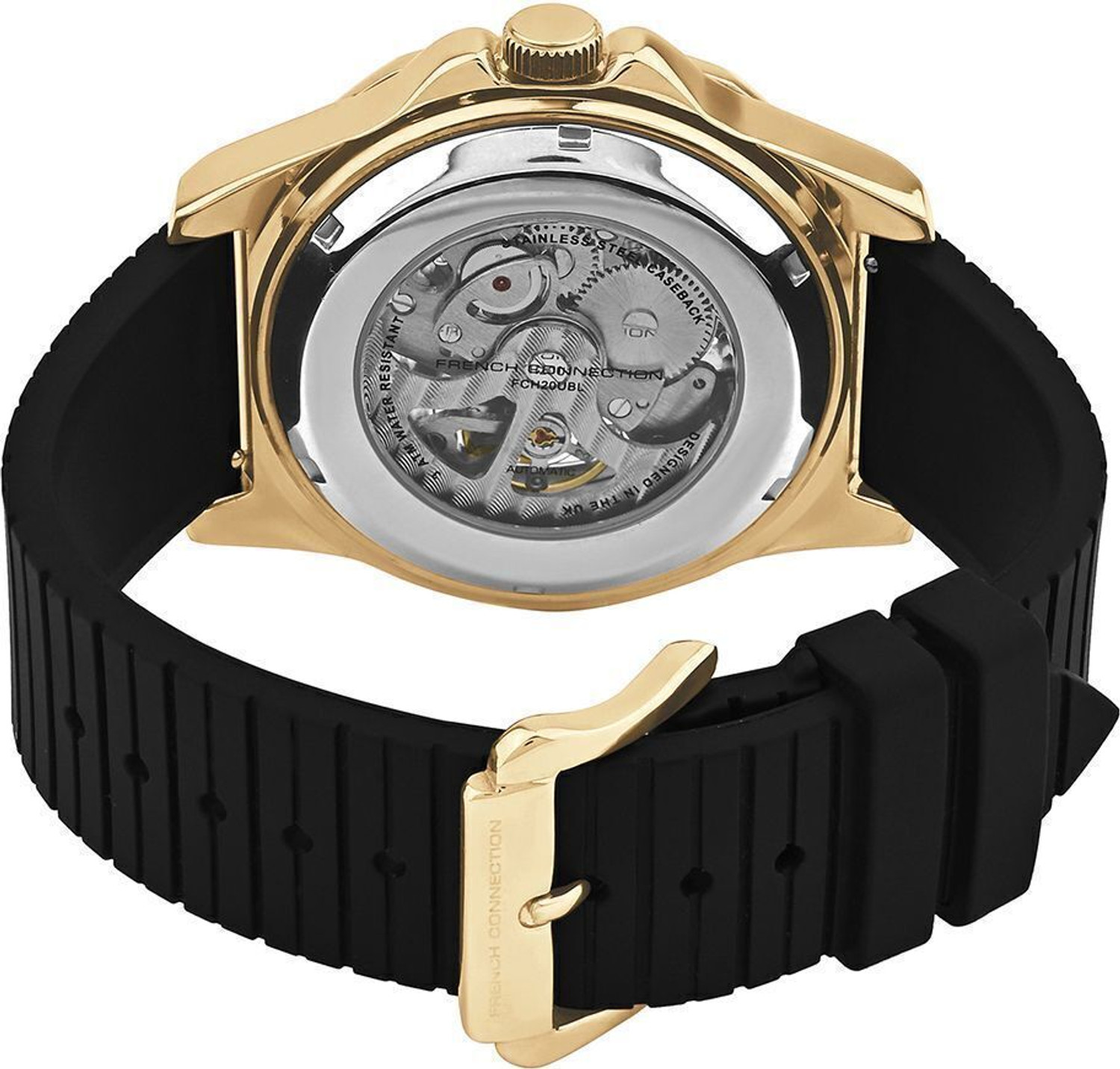 Image of French Connection Mechalume MECHALUME See Through Champagne Round Dial | Men's Black Automatic Watch Analog Watch - For Men