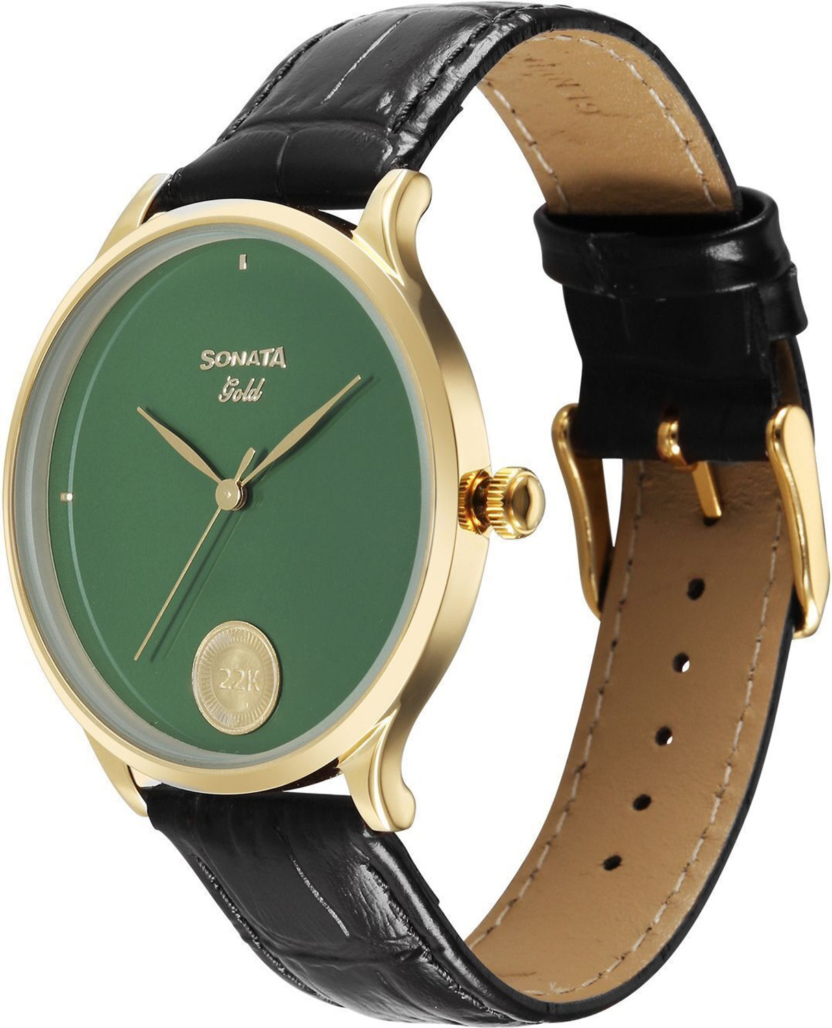 Image of SONATA Sonata - Gold AT 2026 Sonata Gold Sacred Forest GreenDial With 22 Karat Gold Coin on Dial Analog Watch - For Men