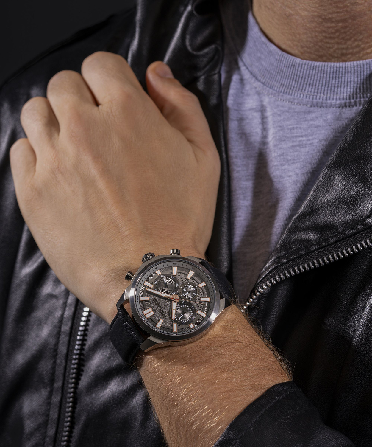 Image of Police Police Multifunction Grey Dial Black Leather Strap Analog Watch - For Men