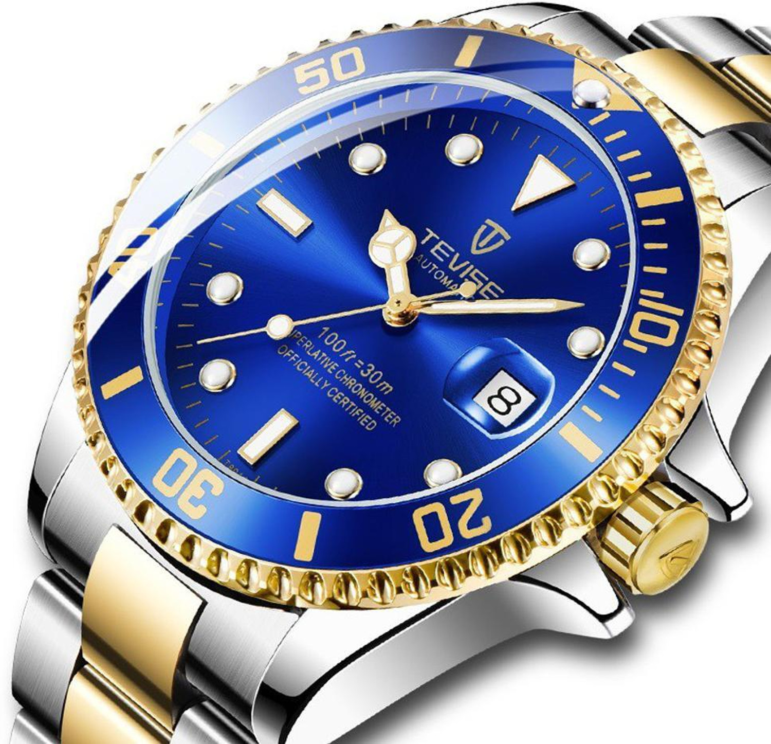 Image of Tevise Automatic Mechanical Skeleton Chronograph Luxury Blue Automatic Mechanical Luxury chain wrist watch for men Rolex Vintage classic blue Analog Watch - For Men