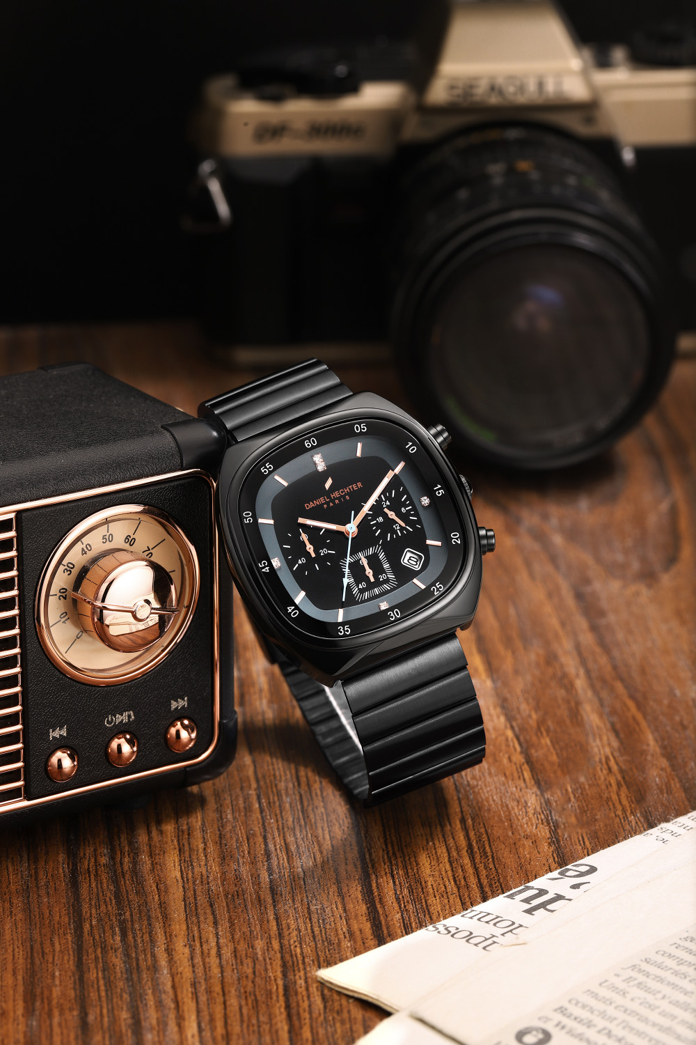 Image of DANIEL HECHTER Model DHM1001 Paris Bercy Collection Modern Multi Functional Square Dial and Stainless Strap Analog Watch - For Men