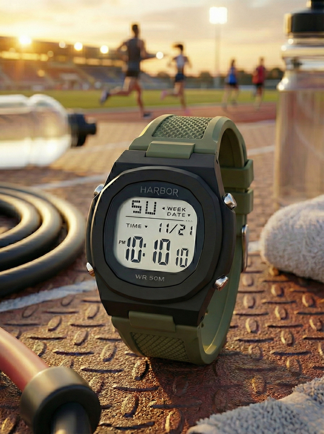Image of Harbor 9147 Green sporty modern outdoor look with bold black case & green textured strap Watch Digital Watch - For Men