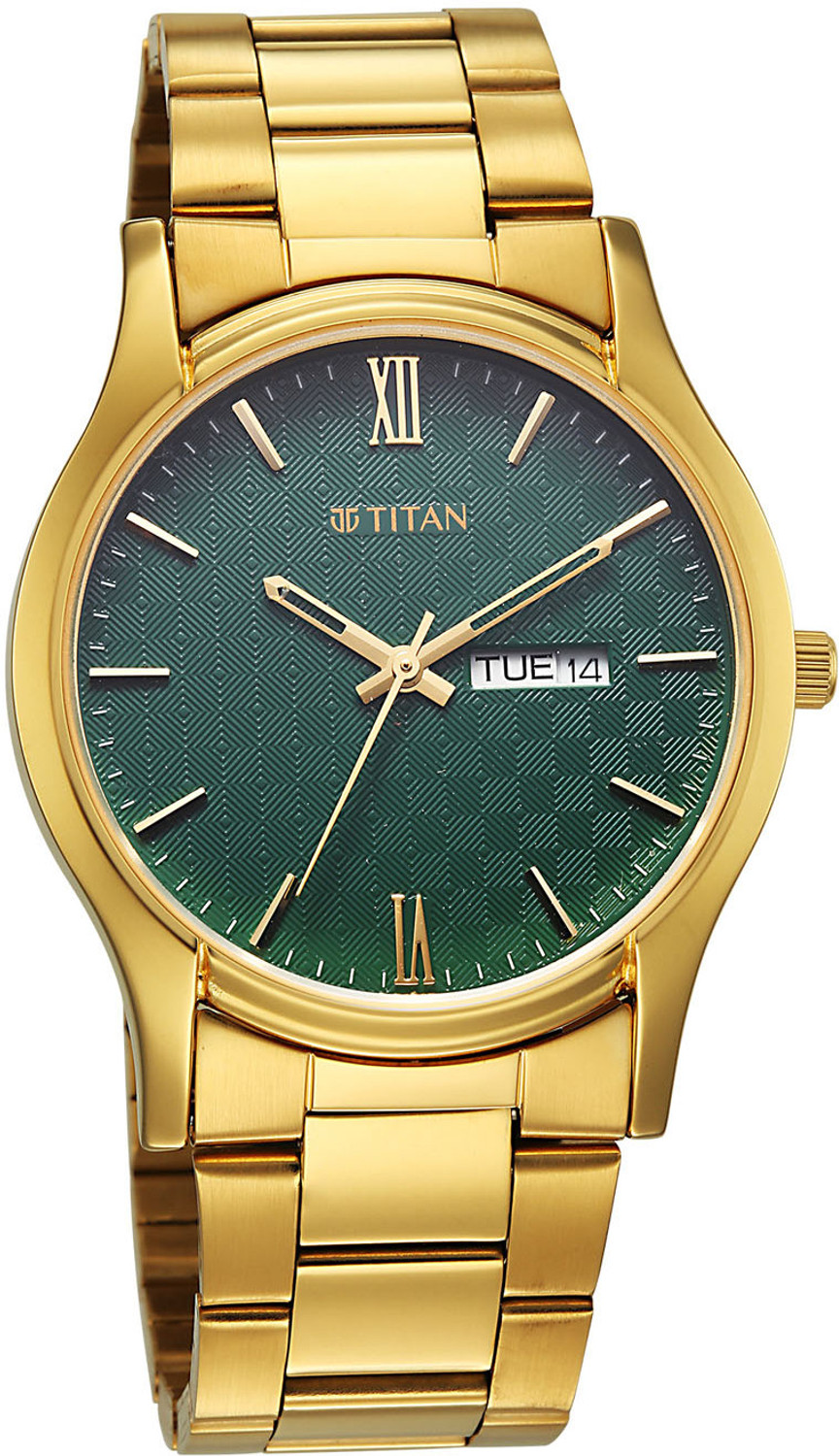 Image of Titan Karishma Gents Karishma Regal Day-Date Green Dial IPG Stainless SteelStarp Analog Watch - For Men