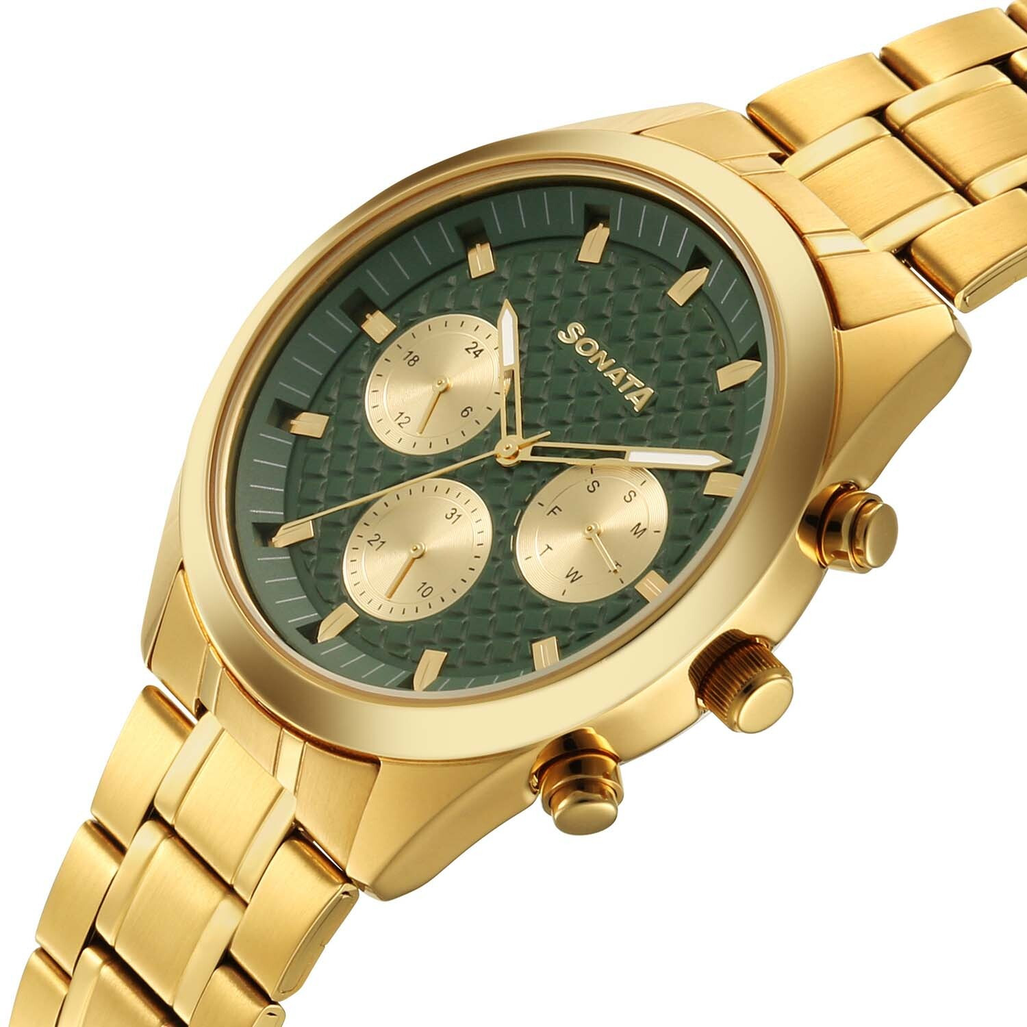 Image of SONATA Summit Summit Multifunction Green Dial Gold-Tone Analog Watch - For Men