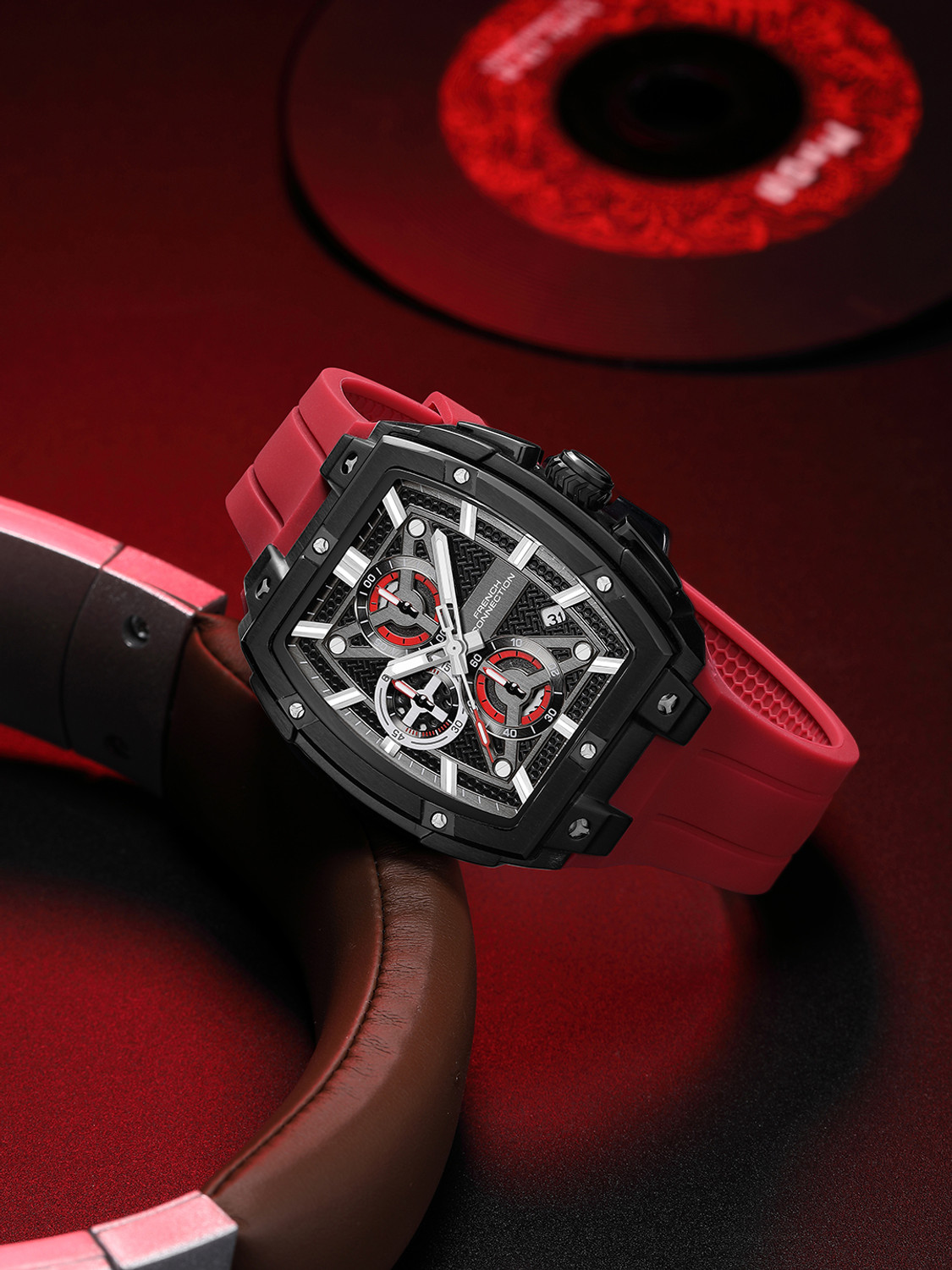 Image of French Connection FCM08R French Connection | Chronograph | Black Dial | Silicone Strap | FCM08R Analog Watch - For Men