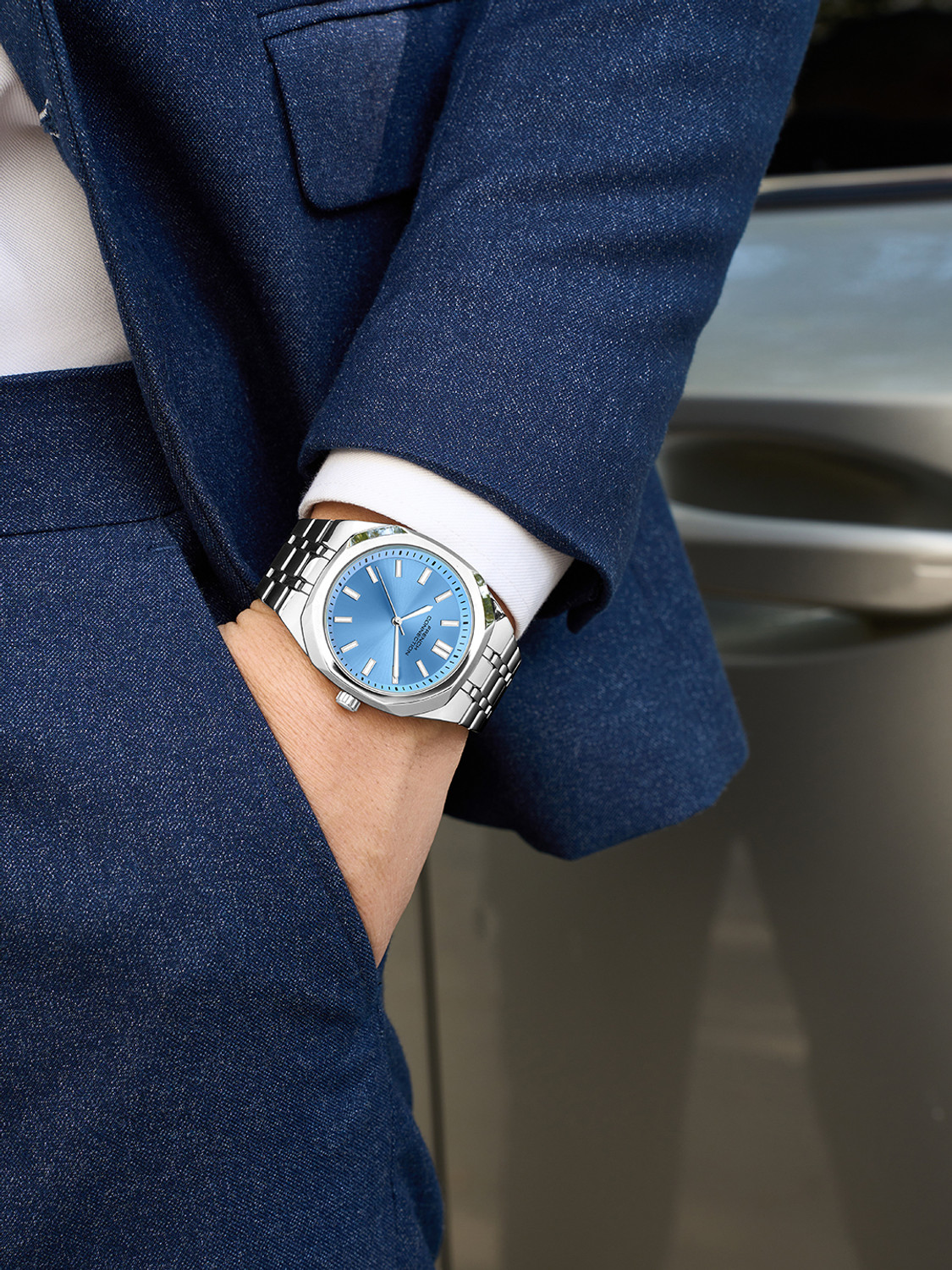 Image of French Connection LUMIERE Blue Sunray Contemporary Dial | Silver Stainless steel QUARTZ Watch for Men Analog Watch - For Men