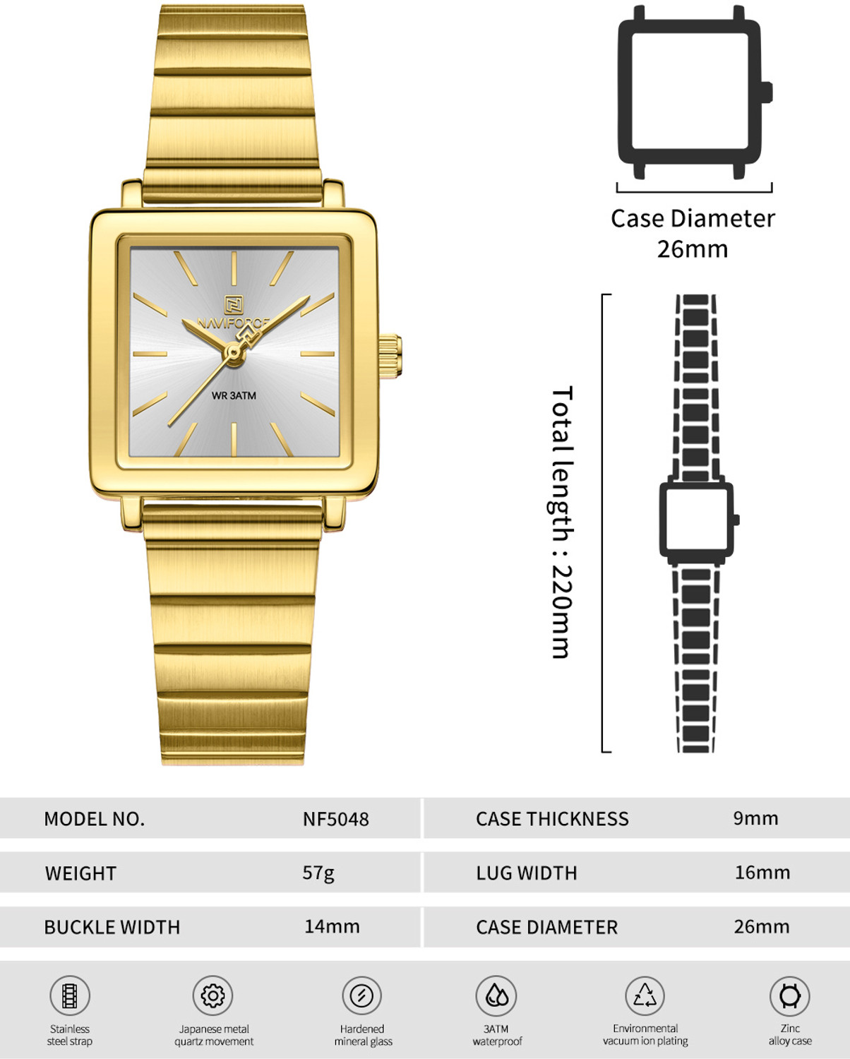 Image of NAVIFORCE NF5048 Modern White sunburst pattern square dial with gold Strap Analog Watch - For Women