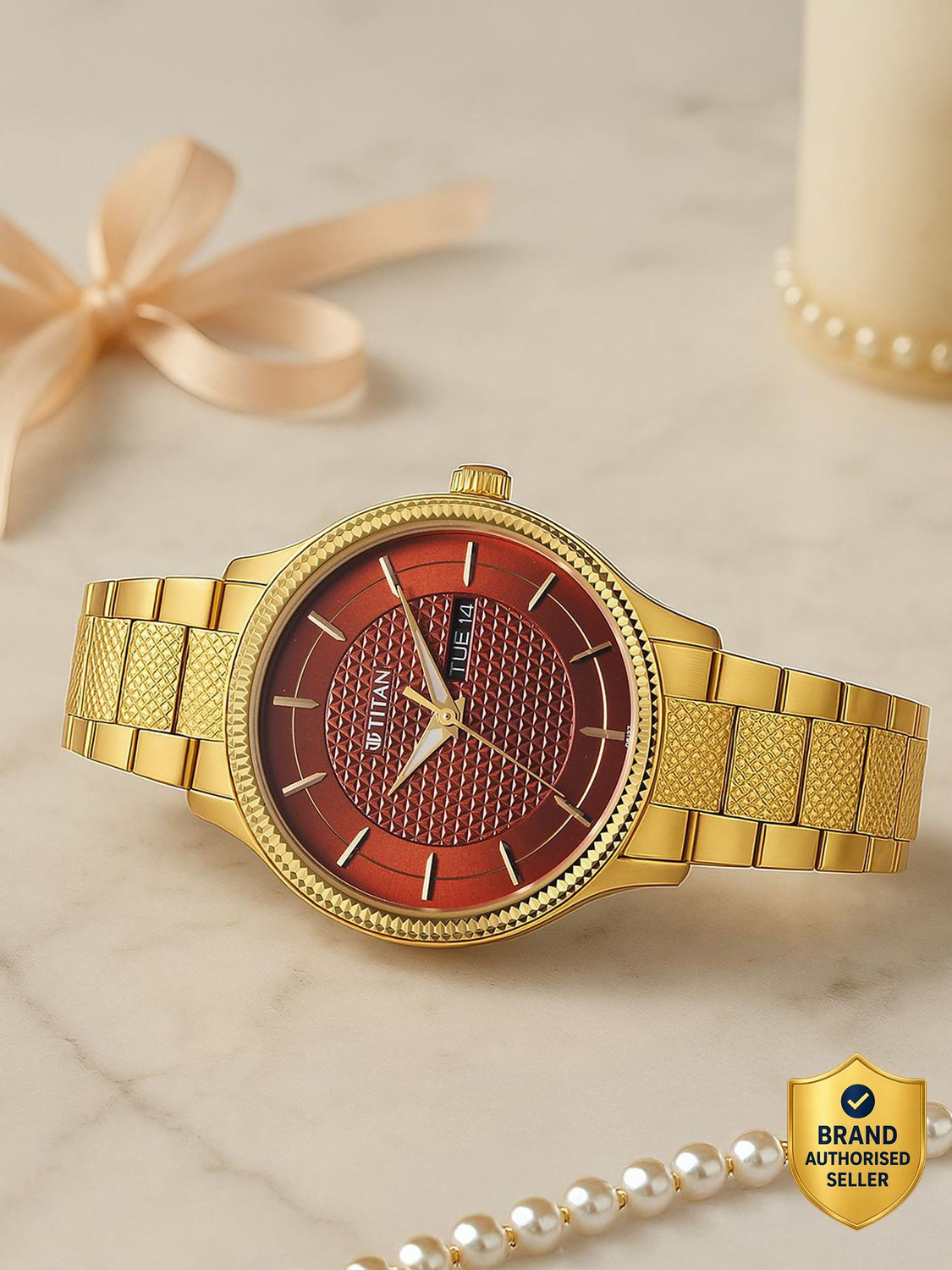 Image of Titan Karishma Maroon Round Dial Stainless Steel Watch For Men Analog Watch - For Men