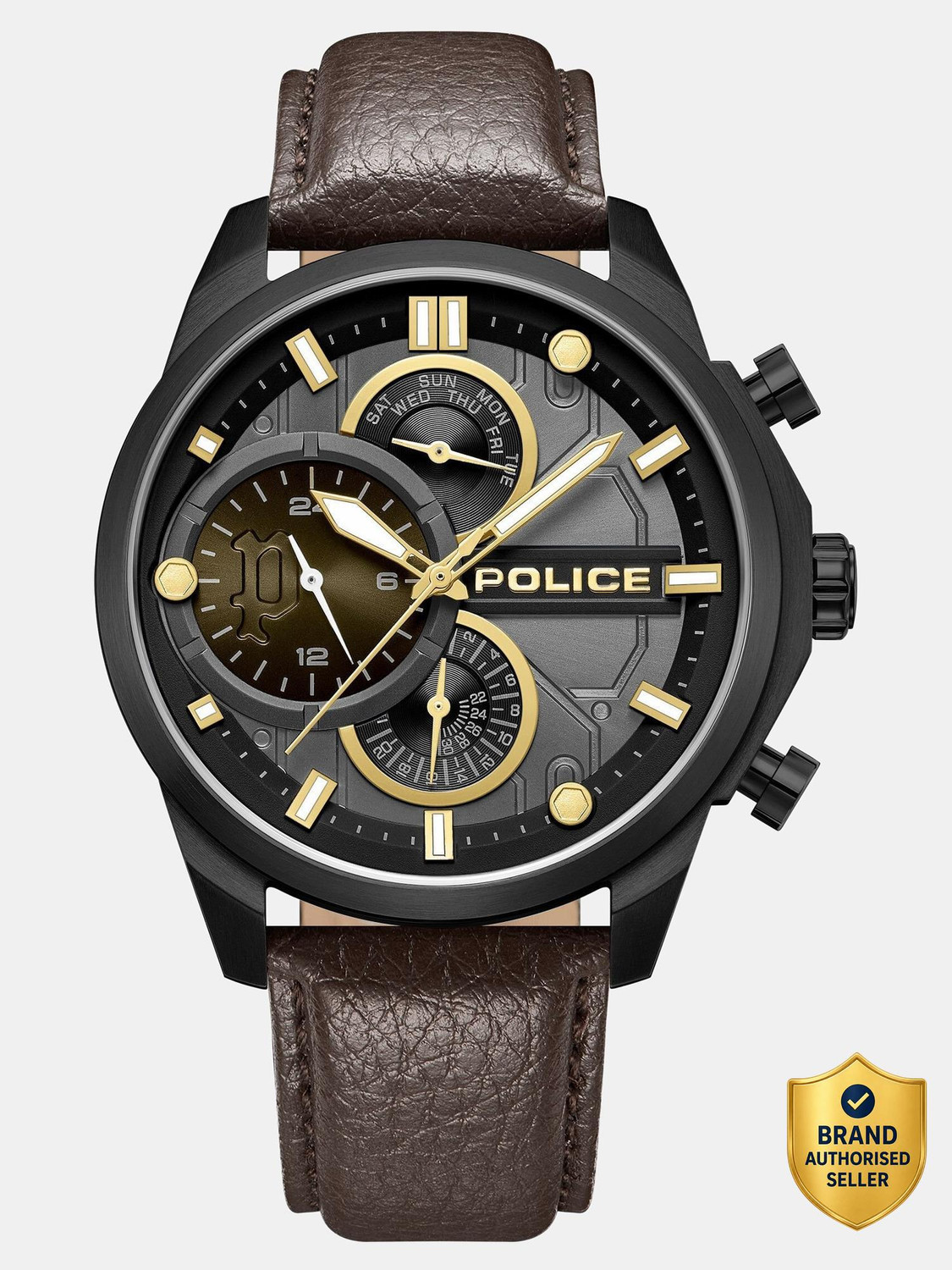 Image of Police Rock Rebel Police Multifunction Grey Dial Brown Leather Strap Analog Watch - For Men