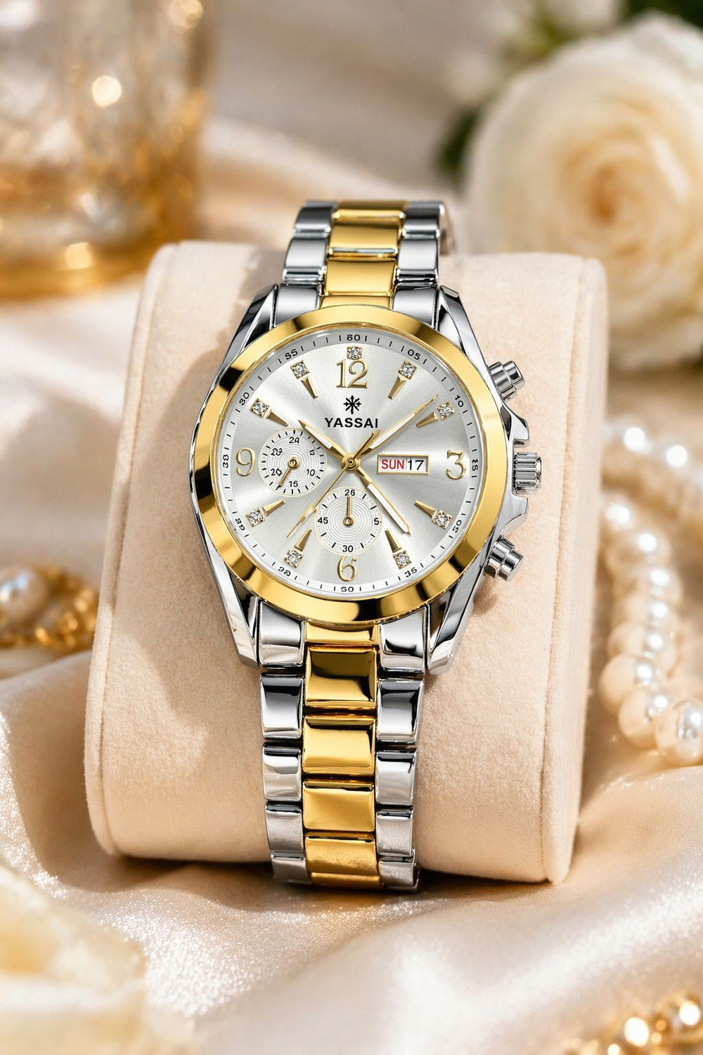 Image of InnoNest Global Round Dial wrist watch For Boys and Mens Golden Chain Studded Wrist Watch Digital Watch - For Men