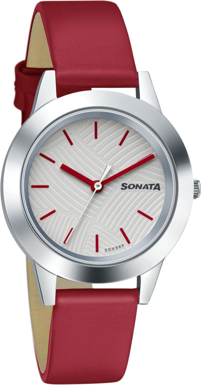Image of SONATA NP87019SL12 Sonata Splash White Dial Red Leather Strap Analog Watch - For Women