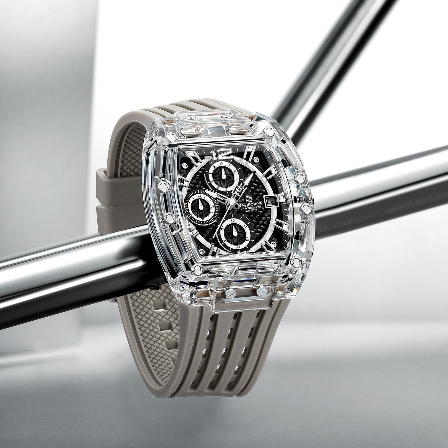 Image of NAVIFORCE NF7105 Distinctive tonneau-shaped case With Grey silicone strap Analog Watch - For Men