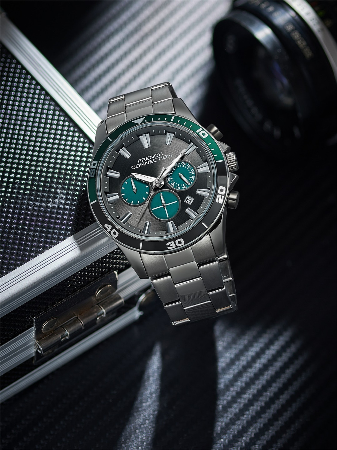 Image of French Connection Men Business Casual Dress Watch Luminous Date Wristwatches Grey Texture Round Dial | Grey Stainless Steel Chronograph Watch for Men Analog Watch - For Men