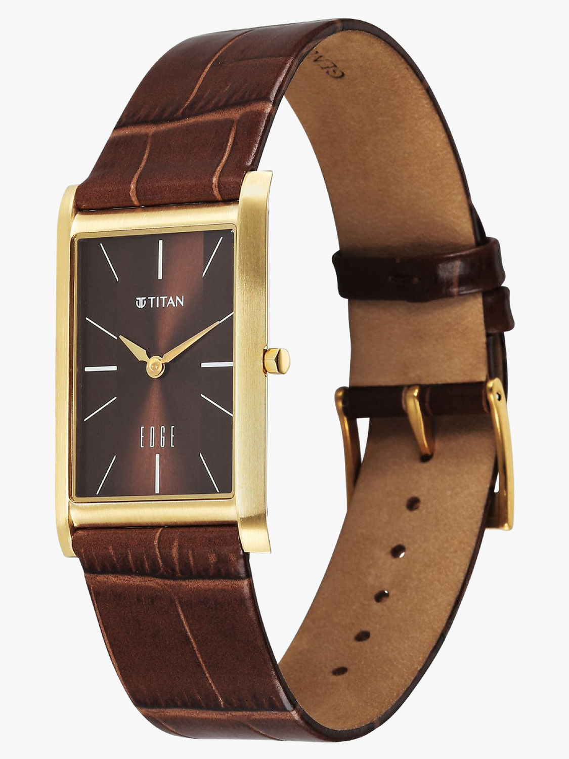 Image of Titan Edge Monture Edge Monture Quartz Brown Dial Gold Leather Strap Analog Watch - For Men