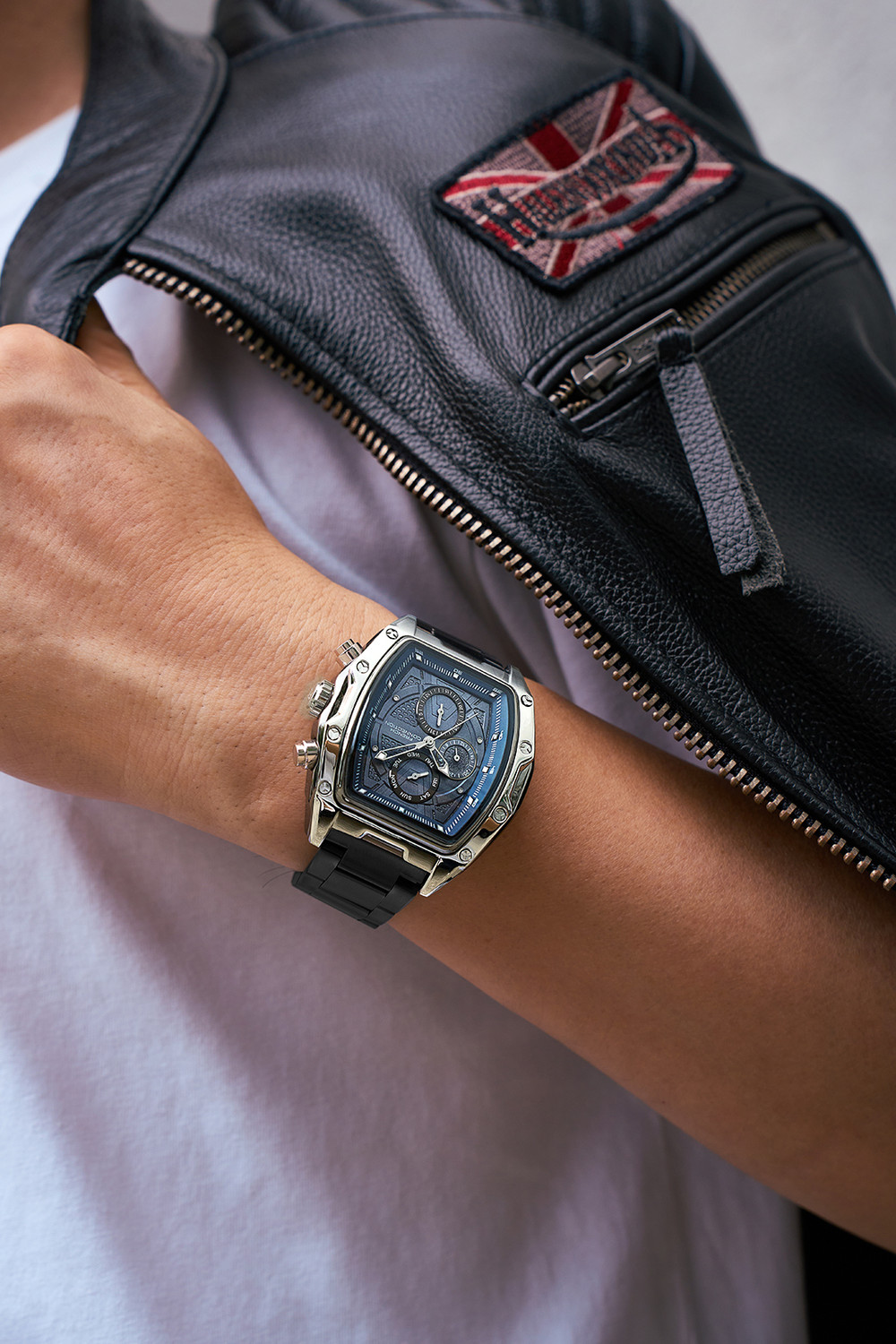 Image of French Connection POWERCHRON Blue Texture Tonneau Dial | Grey Stainless Steel Chronograph Watch for Men Analog Watch - For Men