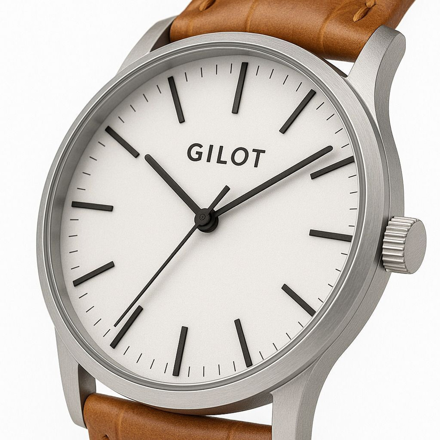 Image of GILOT Minimalist White Dial Brown Leather Strap Silver Case Analog Watch - For Men