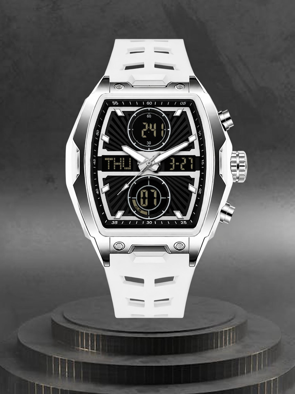LOIS CARON LCDA8032 White Analog Digital Watch for Men | curved Barrel Shaped Multifunction dual Analog-Digital Watch - For Men