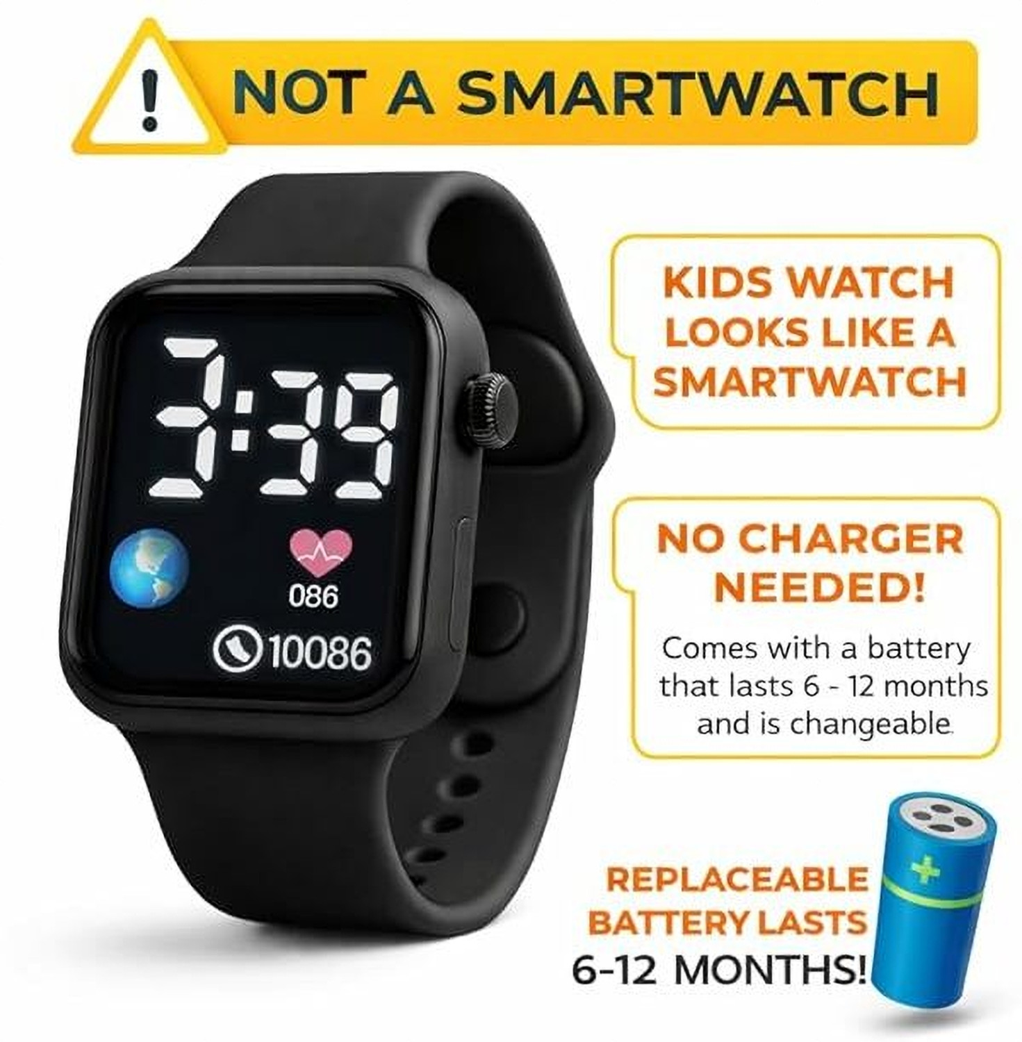 Image of CERO EARTH-BLACK-LED Luminous LED Display Fashionable Children Kids Square Silicon Strap Digital Watch - For Boys & Girls