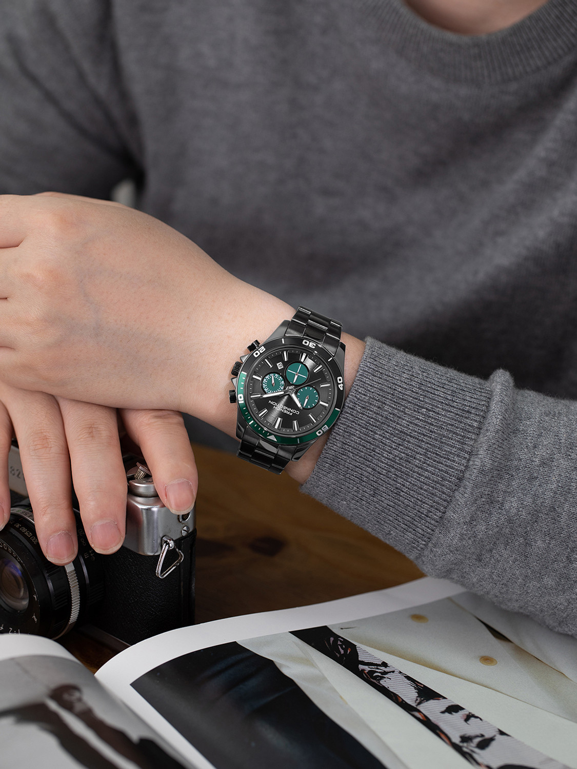 Image of French Connection Men Business Casual Dress Watch Luminous Date Wristwatches Grey Texture Round Dial | Grey Stainless Steel Chronograph Watch for Men Analog Watch - For Men