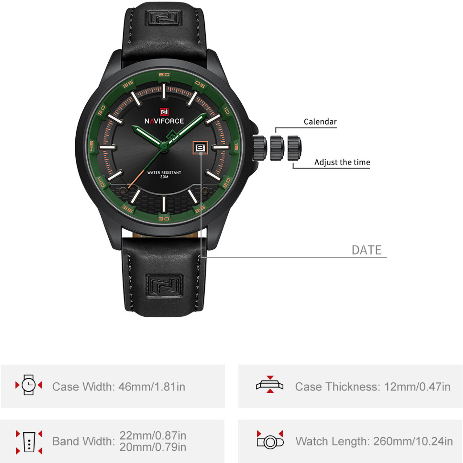 Image of NAVIFORCE NF9248L Black Men's Trendy Leather Strap Sports Waterproof Luminous Analog Watch - For Men