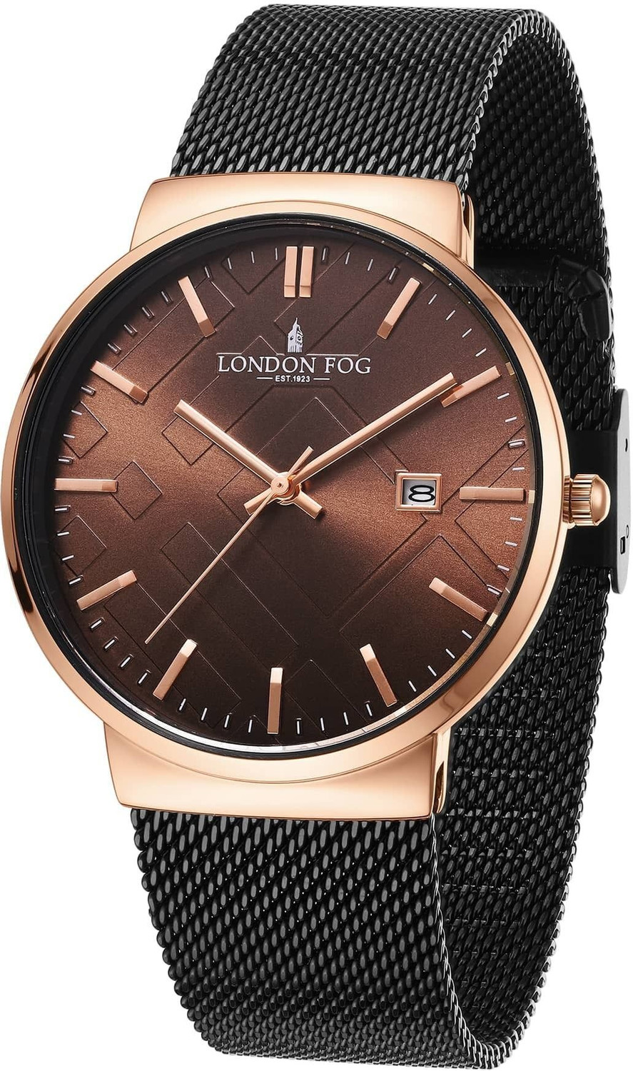 Image of London Fog Brown Textured Dial and Black Mesh Strap, Round Metal Case, Date Display Surrey Collection Brown Textured Dial Black Mesh Strap Round Metal Case Date Analog Watch - For Men