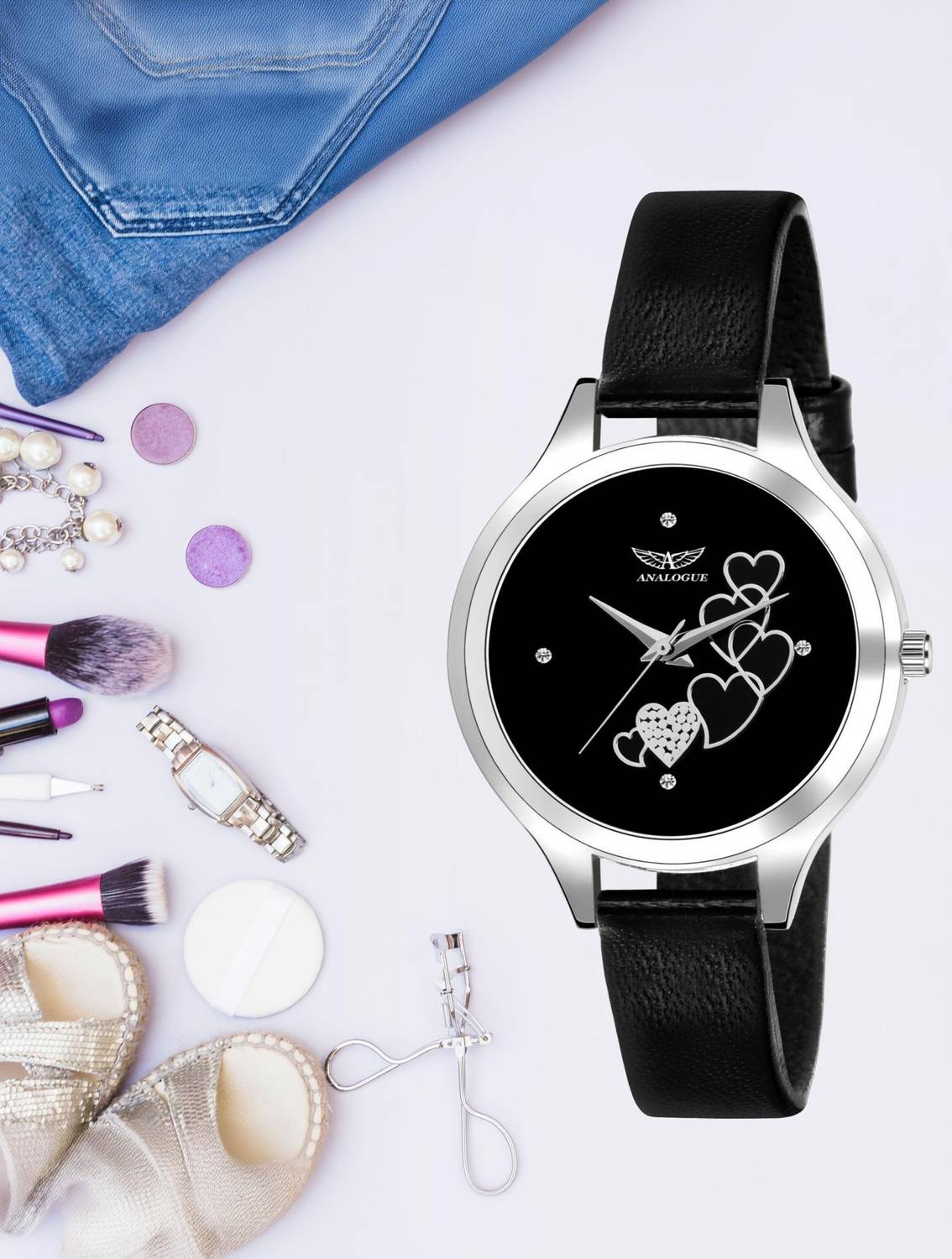 ANALOGUE Love Series | Silver Heart & Diamond Studded | Synthetic Leather | Girls Love Series | Silver Heart & Diamond Studded | Synthetic Leather | Girls Analog Watch - For Women