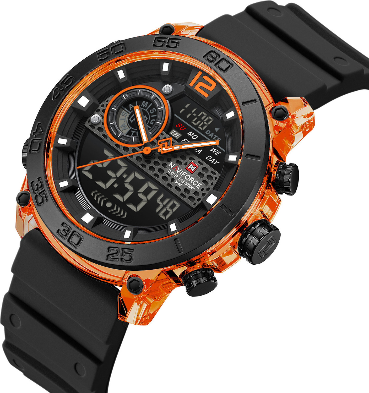 Image of NAVIFORCE Sporty And Distinctive Dual Display With Striking Orange Accents Analog-Digital Watch - For Men NF6104OOB