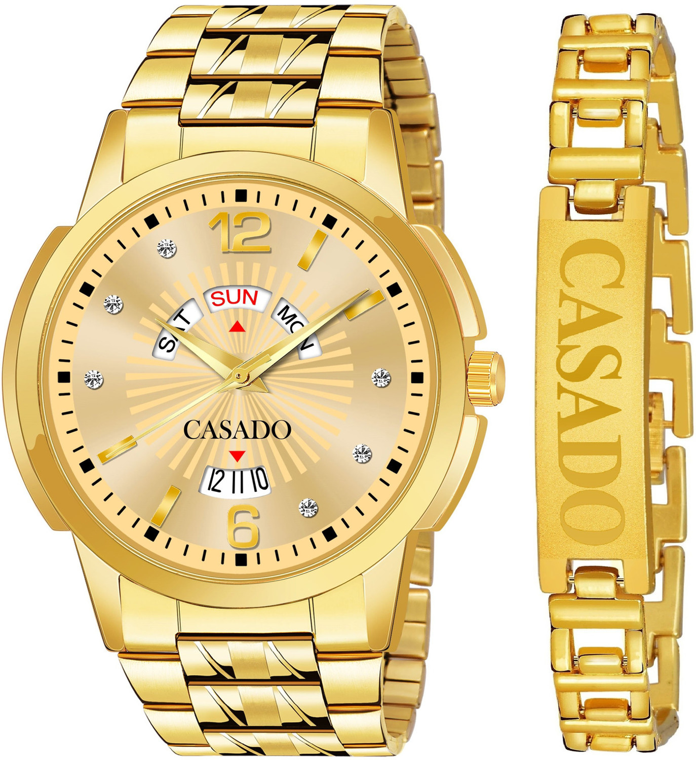 Image of Casado Branded Bracelet | Gold Plated | Studded | 3D Cut Glass | Day and Date Analog Watch - For Men 626-BRACELET-DD