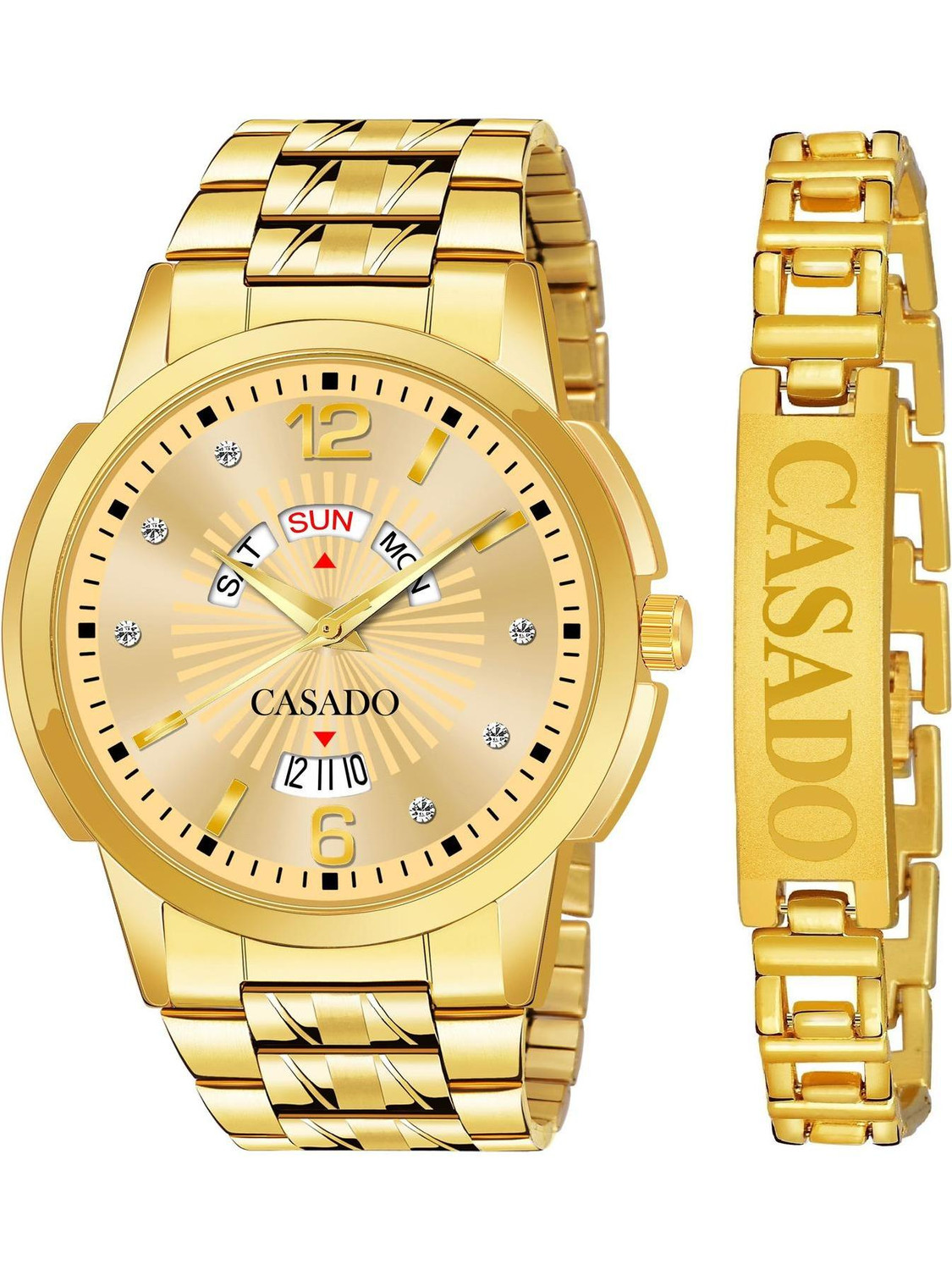 Image of Casado Branded Bracelet | Gold Plated | Studded | 3D Cut Glass | Day and Date Analog Watch - For Men 626-BRACELET-DD