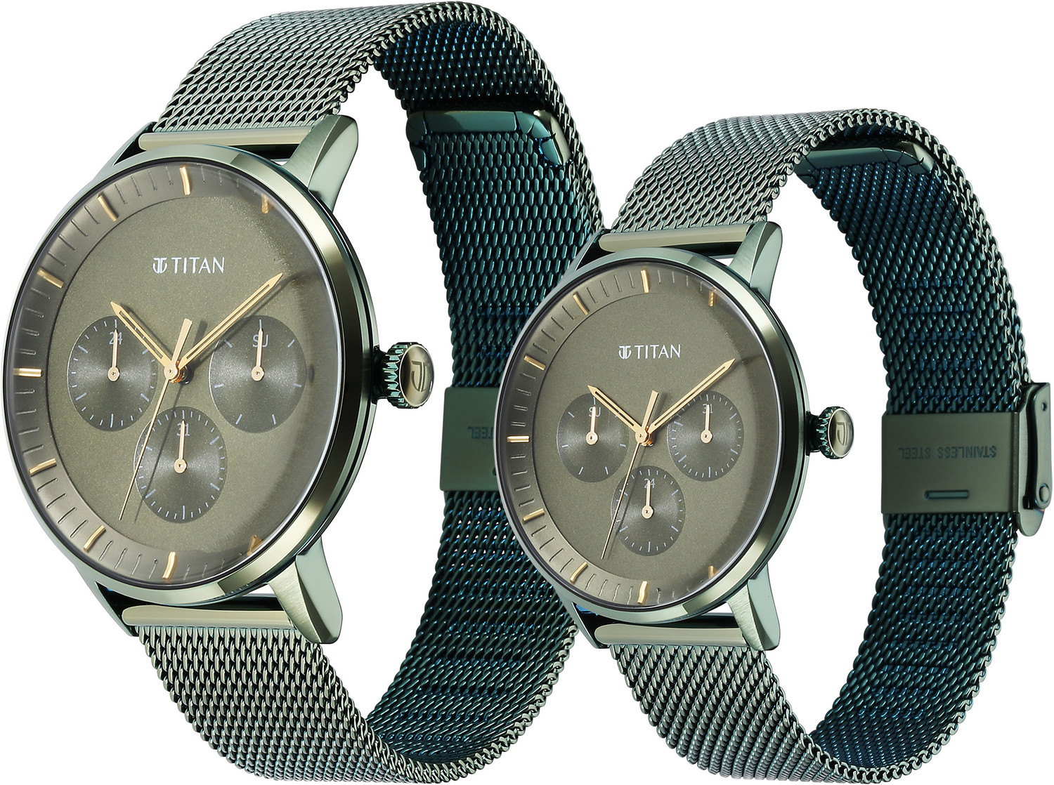 Image of Titan Bandhan Multifunction Green Dial Green SS Strap Couple Analog Watch - For Couple NT9400694206QM02,9400994209WM01,NU9400694206QM02