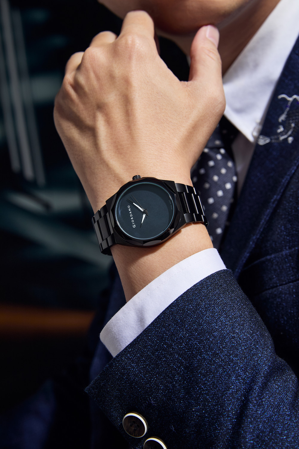 Image of GIORDANO Blue Sunray Round Dial, Quartz Movement and Black Stainless Steel Strap Analog Watch - For Men GZ-50189-11