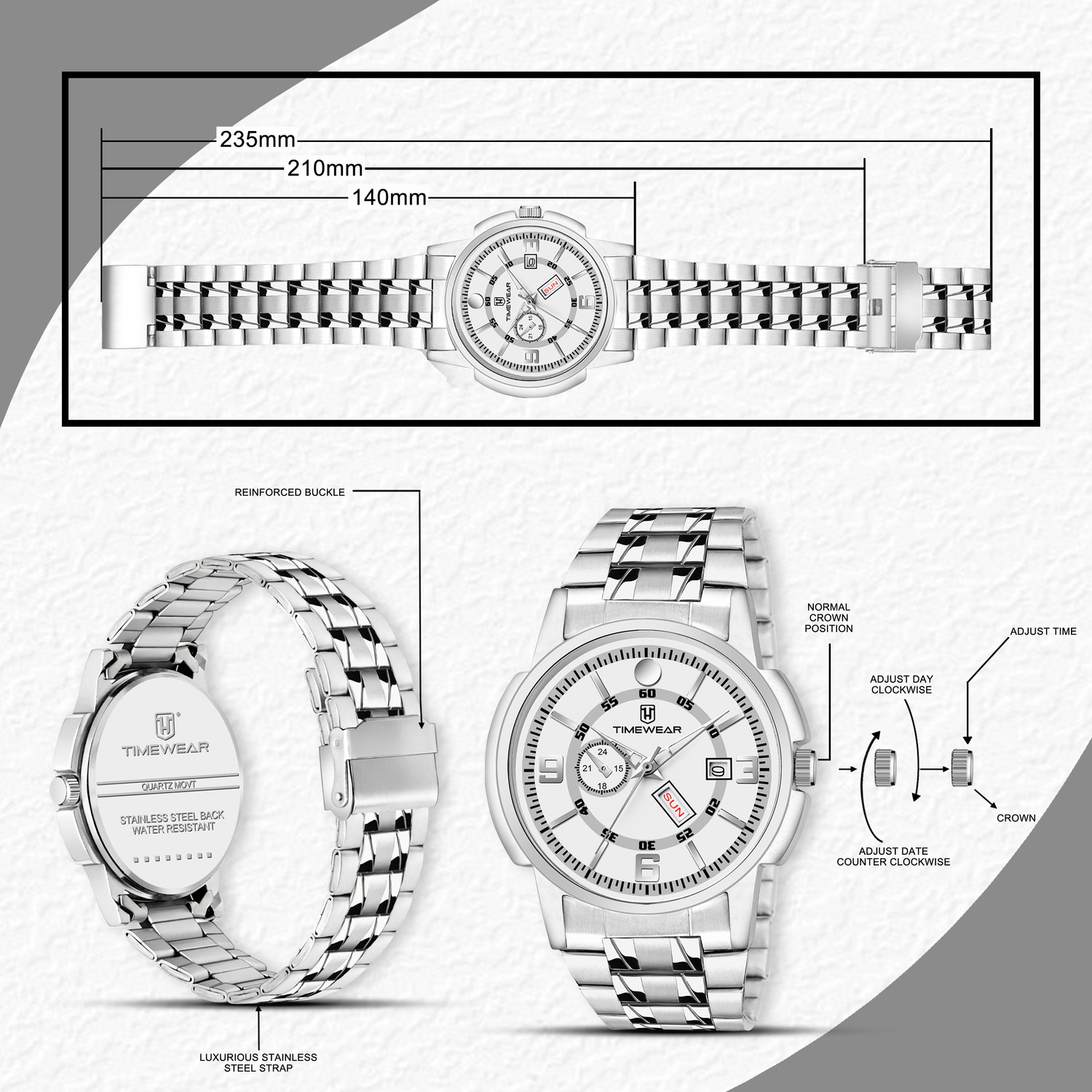 Image of TIMEWEAR 341WDTG White Dial Day Date Functioning Stainless Steel Chain Analog Watch - For Men