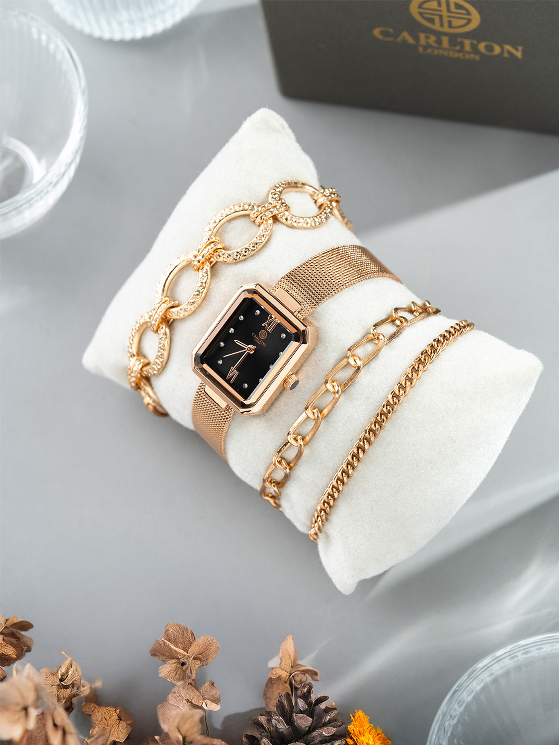 Image of CARLTON LONDON Gift Set of Brixton Watch + Bracelet Analog Watch - For Women CLPLG078 + Bracelet