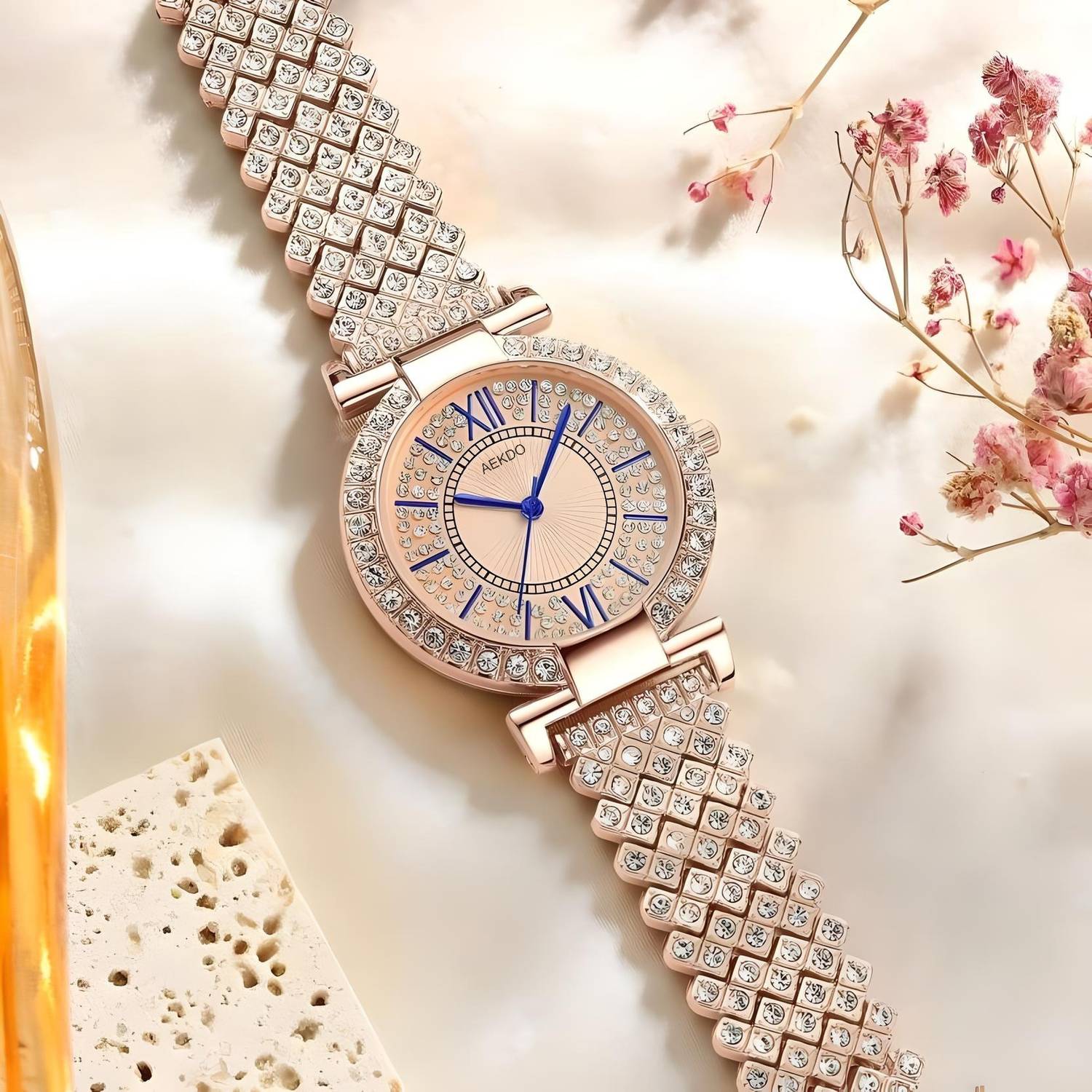 AEKDO DRWOO23 Diamond Studded Round Dial Watch for Women with Elegant Blue Hands Analog Watch  - For Women